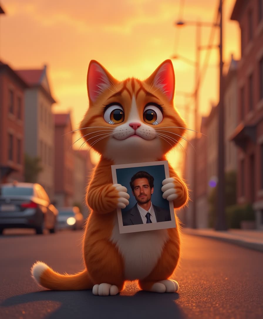 A Pixar-style hybrid cat standing on a quiet street during sunset, holding a photograph of a loved one, with tears in its eyes. The background fades softly, symbolizing the passage of time. 1080x1920, 9:16 ratio