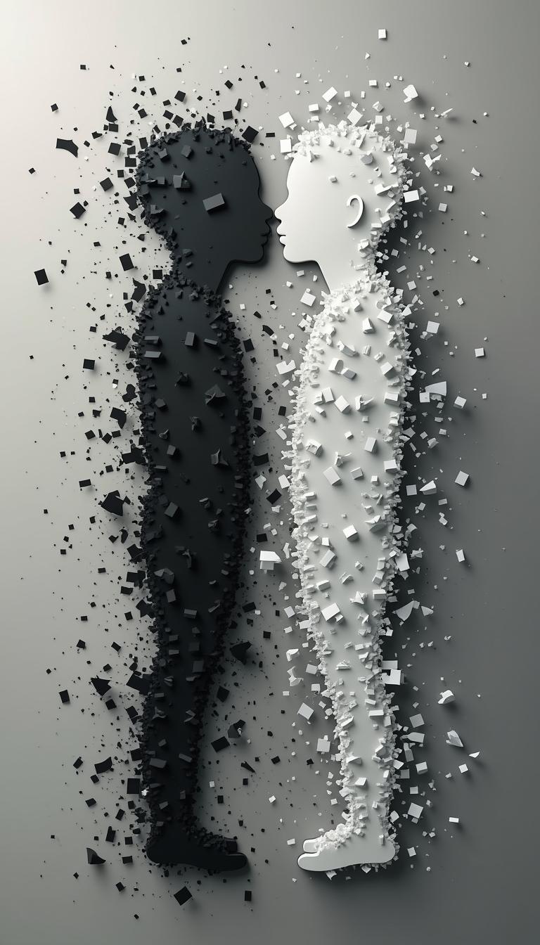 A captivating, 8K high-resolution image with a powerful message of transformation. Against a solid, neutral background, two contrasting silhouettes are depicted: a black figure on the left and a white figure on the right. The black figure is fragmented, breaking apart and gradually merging with the white figure. This dynamic interaction symbolizes the overcoming of darkness, prejudice, or negativity, and the emergence of a unified, harmonious whole. The white figure, now strengthened by the integration of the black, grows larger and more prominent, representing progress, growth, and unity. The overall composition should be visually striking and convey a profound message of hope and transformation.