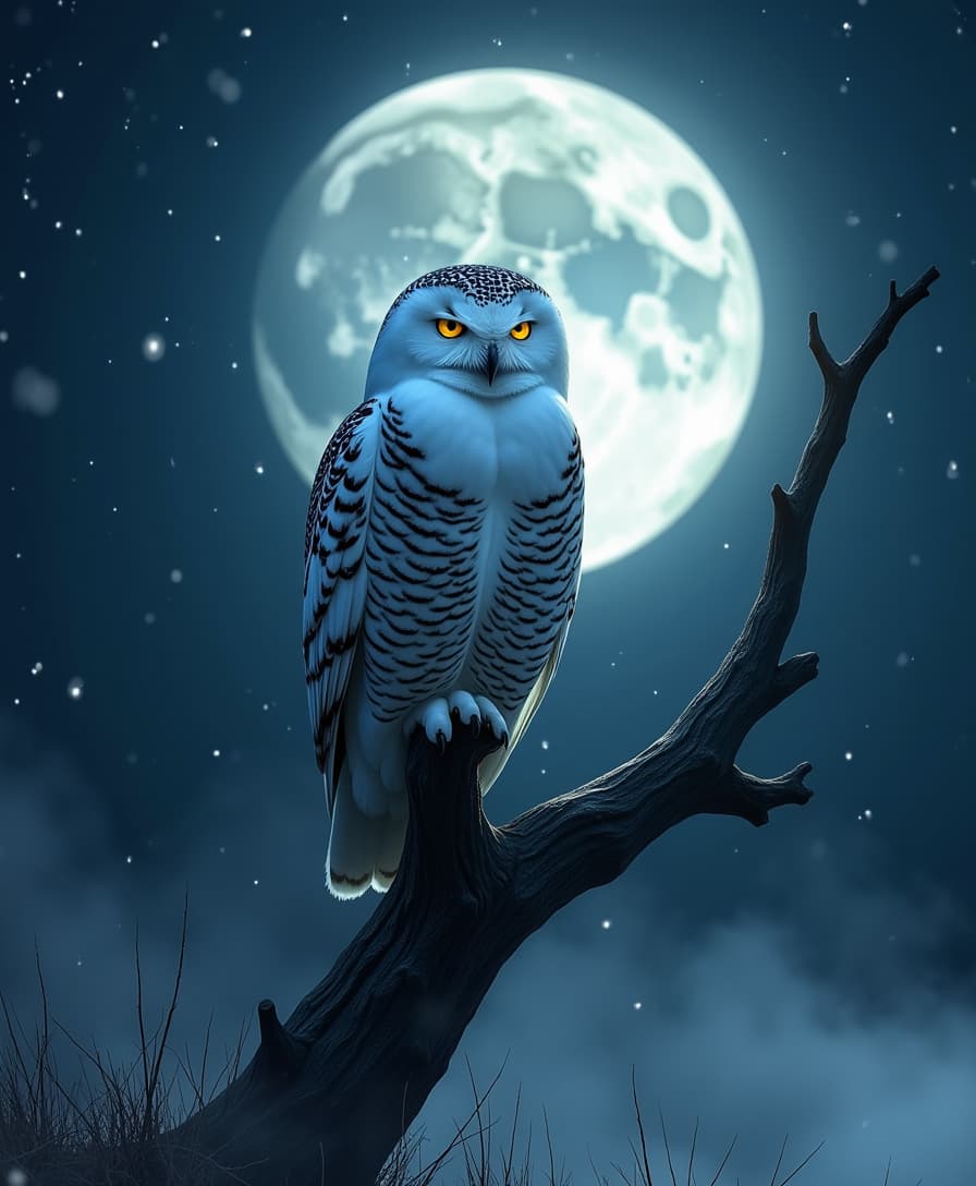 “A majestic snowy owl perched on a weathered, dead tree branch at night. The owl’s feathers are pure white with faint black markings, glistening under the soft glow of the full moon. The moon dominates the background, illuminating the dark, starry sky with an ethereal light. The barren tree is twisted and gnarled, creating an eerie yet serene atmosphere. A subtle mist clings to the ground in the distance, adding depth and mystery to the scene. The owl’s piercing yellow eyes gaze intensely, capturing its wise and enigmatic demeanor. The overall tone is a blend of mysticism and tranquility, with high contrast between the moonlight and shadow. Add light snow falling in the foreground” 