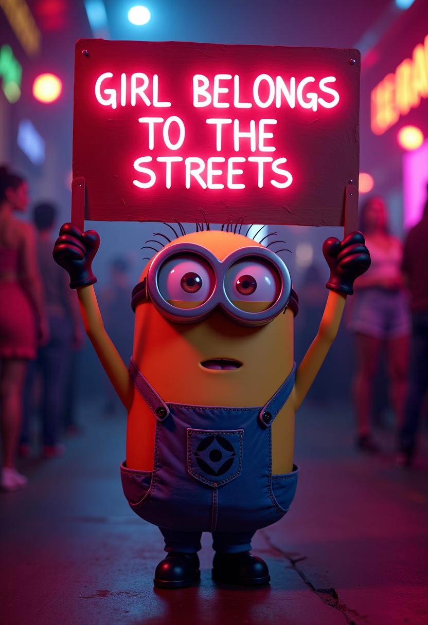 Create image of minion holding a neon sign above head that reads "GIRL BELONGS TO THE STREETS" background a nightclub lights girls