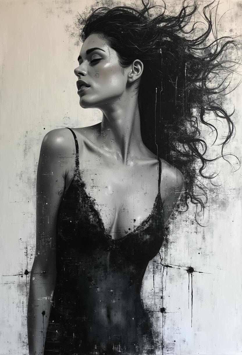 expressive blend of seductive female figurative and abstract elements.
Thick textured brushstrokes and a monochromatic palette to create a dynamic and emotional piece. 
Expressive techniques to convey emotion and movement in their work.
Abstract Expressionism.
Figurative Art.
Graffiti Art.
Surrealism.
Unique and emotive piece.