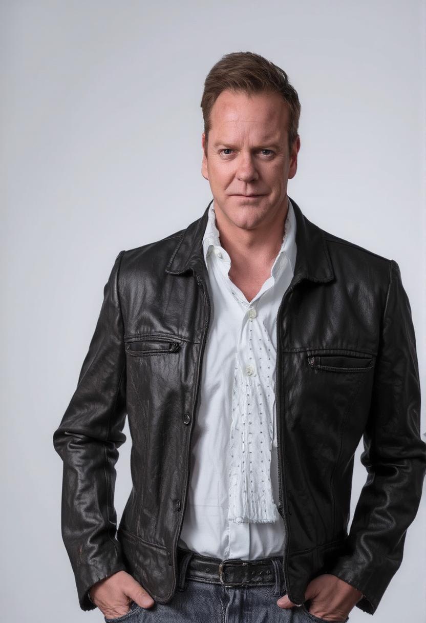 A **full body shot** of Kiefer, where he exudes **cockiness** directly at the camera, standing against a **stark white background** to enhance focus on him. Use **photoshoot lighting** with a **softbox** as the key light to highlight his features, casting dramatic shadows that accentuate the **worn leather jacket** and **distressed cowboy jeans**, portraying him as a **run-down ex-Hollywood star**. 

**Visual Details:**
- The leather jacket should exhibit scuffs and creases, paired with faded, distressed cowboy jeans, showcasing signs of wear.
- Kiefer's facial expression should blend arrogance with world-weariness, a slight smirk and a knowing look in his eyes.
- Lighting should be high contrast, with a key light on one side creating sharp shadows, and a **reflector** on the other to soften the effect slightly.

**Style:**
- Capture the essence of a **1980s Hollywood glamour shot**, with modern grunge elements, portraying a star past his prime but still commanding attention.

**Composition:**
- Position Kiefer slightly off-center, using the rule of thirds, for a dynamic composition.
- Camera angle should be at eye level, ensuring a direct, confrontational engagement with the viewer.

**Mood and Atmosphere:**
- Evoke a sense of nostalgia mixed with melancholy, the bright lighting contrasting with the character's darker, more complex backstory.

**Technical Aspects:**
- Use a shallow depth of field to blur the stark white background, keeping the focus razor-sharp on Kiefer.

**Cohesion:**
- All elements should weave together the narrative of a once-famous actor now grappling with the passage of time, his attire and expression telling the story of his rise and fall in Hollywood.
