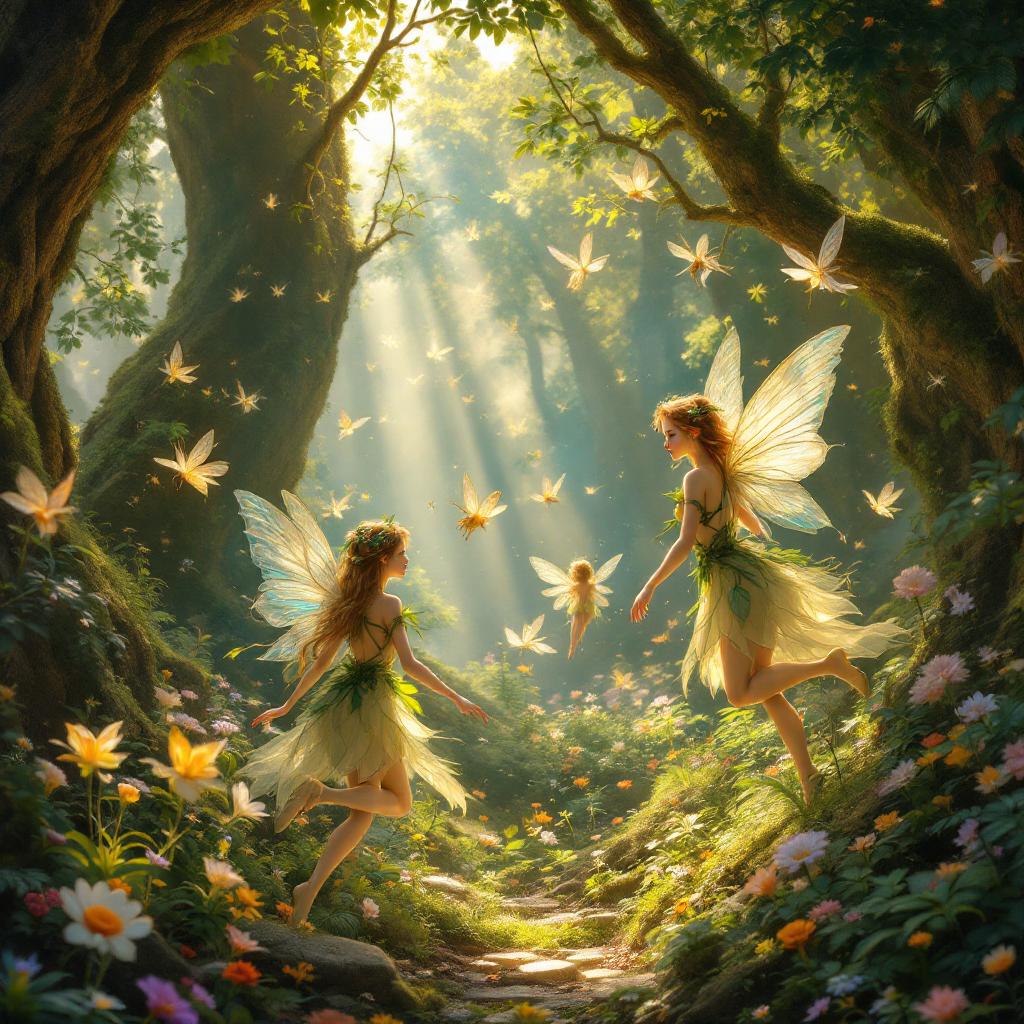**Subject:** Delicate, ethereal fairies with translucent wings, adorned in natural, leaf-woven garments, flitting and dancing amidst a lush woodland glen.

**Setting:** A sun-dappled clearing in an ancient, magical forest where sunlight filters through a canopy of towering, moss-covered trees. The ground is carpeted with a mosaic of vibrant wildflowers, ferns, and toadstools.

**Visual Details:**
- **Textures:** The fairies' wings are iridescent and gossamer, catching the light like prisms. Their clothes are made from leaves, petals, and thin vines, blending seamlessly with their environment.
- **Colors:** Soft, natural hues dominate: greens, browns, and muted blues, with splashes of vibrant flower colors. The fairies themselves have a luminescent quality, with skin tones that subtly glow in shades of ivory, pale pink, and shimmering gold.
- **Lighting:** Golden hour light filters through the leaves, creating a play of light and shadow that gives the scene a dreamlike quality. 

**Style:**
- **Artistic Influence:** Pre-Raphaelite art, with its emphasis on detailed nature scenes and ethereal beauty, combined with elements of Victorian fairy painting.
- **Photography Technique:** Soft focus, with a shallow depth of field to emphasize the fairies while allowing the background to blur into a painterly backdrop.

**Composition:**
- **Layout:** The fairies are scattered throughout the glen, some in mid-flight, others perched on toadstools or branches. The composition leads the eye through the scene with natural lines formed by tree trunks and floral patterns.
- **Camera Angle:** A low angle, looking slightly upwards to enhance the grandeur of the trees and the magical atmosphere.

**Mood and Atmosphere:**
- **Feeling:** Enchanted, serene, and whimsical. The scene evokes a sense of timelessness and tranquility.
- **Time of Day:** Late afternoon, transitioning into evening, with the forest bathed in the warm, magical light of the setting sun.
- **Weather:** Clear skies with a gentle breeze that stirs the leaves and flower petals, adding a dynamic element to the stillness.

**Technical Aspects:**
- **Depth of Field:** A narrow depth of field to focus on the fairies while allowing the background to soften, enhancing their magical presence.
- **Color Grading:** Warm, earthy tones with subtle saturation to bring out the natural beauty of the scene without overwhelming the viewer.

**Cohesion:** The entire scene is unified by the theme of nature's magic, with every