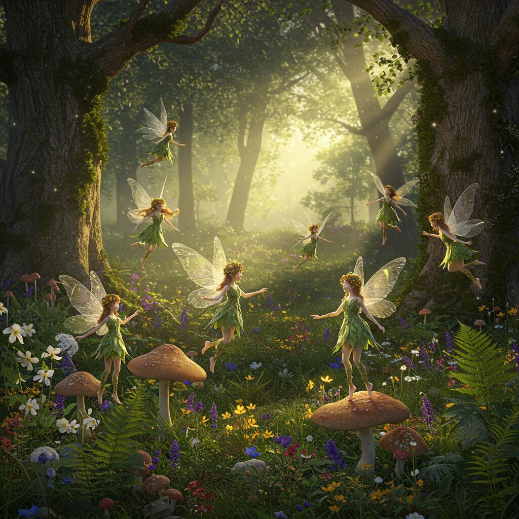 **Subject:** Delicate, ethereal fairies with translucent, iridescent wings like prisms, adorned in garments woven from leaves, petals, and thin vines. They flit and dance amidst a lush woodland glen, their movements graceful and fluid.

**Setting:** A sun-dappled clearing in an ancient, magical forest where golden hour light filters through a canopy of towering, moss-covered trees. The ground is carpeted with a mosaic of vibrant wildflowers, ferns, and toadstools, creating a rich tapestry of textures and colors.

**Visual Details:**
- **Textures:** The fairies' wings are gossamer, shimmering with every movement. Their attire blends seamlessly with the forest, featuring the intricate patterns of leaves and the soft, velvety texture of petals.
- **Colors:** Dominated by soft, natural hues of greens, browns, and muted blues, punctuated by the vibrant splashes of wildflower colors. The fairies' skin has a luminescent quality, glowing subtly in shades of ivory, pale pink, and shimmering gold.
- **Lighting:** Golden hour light creates a play of light and shadow, enhancing the dreamlike quality of the scene with a soft, diffused glow.

**Style:**
- **Artistic Influence:** Inspired by Pre-Raphaelite art, capturing detailed nature scenes and ethereal beauty, combined with elements of Victorian fairy painting for a touch of whimsy and enchantment.
- **Photography Technique:** Utilize a soft focus with a shallow depth of field, focusing sharply on the fairies while allowing the forest background to blur into a painterly backdrop.

**Composition:**
- **Layout:** Fairies are scattered throughout the glen, some in mid-flight, others perched on toadstools or branches. The composition guides the viewer's eye through the scene using natural lines from tree trunks and floral patterns.
- **Camera Angle:** Low angle, looking slightly upwards to capture the grandeur of the trees and the magical atmosphere, emphasizing the fairies' ethereal nature.

**Mood and Atmosphere:**
- **Feeling:** Enchanted, serene, and whimsical, evoking a sense of timelessness and tranquility.
- **Time of Day:** Late afternoon, transitioning into evening, with the forest bathed in the warm, magical light of the setting sun.
- **Weather:** Clear skies with a gentle breeze, stirring the leaves and flower petals, adding life to the otherwise still scene.

**Technical Aspects:**
- **Depth of Field:** Narrow depth of field to focus on the fairies, enhancing their magical presence against a softly blurred forest backdrop.