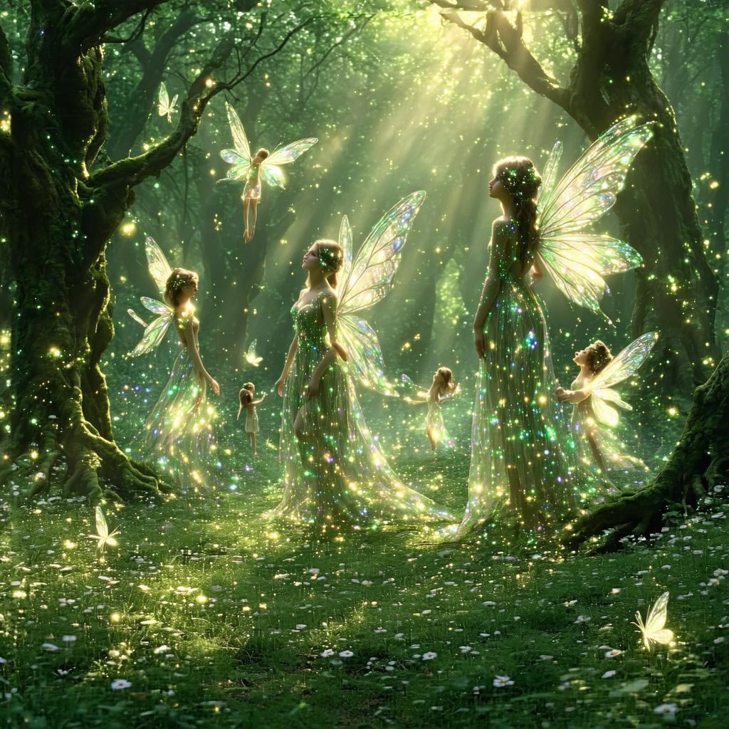 **Subject:** Delicate, ethereal fairies with translucent wings, adorned in natural, leaf-woven garments, flitting and dancing amidst a lush woodland glen.

**Setting:** A sun-dappled clearing in an ancient, magical forest where sunlight filters through a canopy of towering, moss-covered trees. The ground is carpeted with a mosaic of vibrant wildflowers, ferns, and toadstools.

**Visual Details:**
- **Textures:** The fairies' wings are iridescent and gossamer, catching the light like prisms. Their clothes are made from leaves, petals, and thin vines, blending seamlessly with their environment.
- **Colors:** Soft, natural hues dominate: greens, browns, and muted blues, with splashes of vibrant flower colors. The fairies themselves have a luminescent quality, with skin tones that subtly glow in shades of ivory, pale pink, and shimmering gold.
- **Lighting:** Golden hour light filters through the leaves, creating a play of light and shadow that gives the scene a dreamlike quality. 

**Style:**
- **Artistic Influence:** Pre-Raphaelite art, with its emphasis on detailed nature scenes and ethereal beauty, combined with elements of Victorian fairy painting.
- **Photography Technique:** Soft focus, with a shallow depth of field to emphasize the fairies while allowing the background to blur into a painterly backdrop.

**Composition:**
- **Layout:** The fairies are scattered throughout the glen, some in mid-flight, others perched on toadstools or branches. The composition leads the eye through the scene with natural lines formed by tree trunks and floral patterns.
- **Camera Angle:** A low angle, looking slightly upwards to enhance the grandeur of the trees and the magical atmosphere.

**Mood and Atmosphere:**
- **Feeling:** Enchanted, serene, and whimsical. The scene evokes a sense of timelessness and tranquility.
- **Time of Day:** Late afternoon, transitioning into evening, with the forest bathed in the warm, magical light of the setting sun.
- **Weather:** Clear skies with a gentle breeze that stirs the leaves and flower petals, adding a dynamic element to the stillness.

**Technical Aspects:**
- **Depth of Field:** A narrow depth of field to focus on the fairies while allowing the background to soften, enhancing their magical presence.
- **Color Grading:** Warm, earthy tones with subtle saturation to bring out the natural beauty of the scene without overwhelming the viewer.

**Cohesion:** The entire scene is unified by the theme of nature's magic, with every