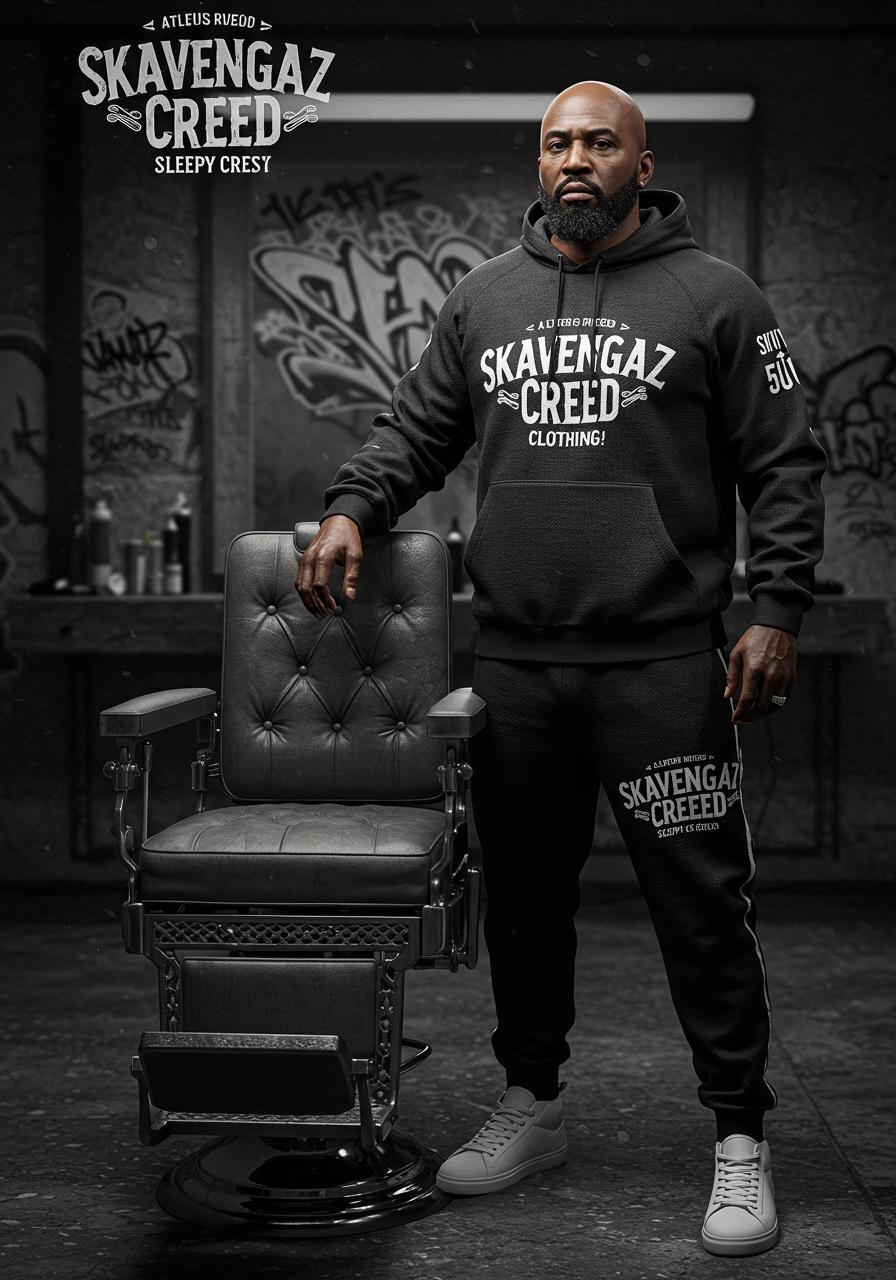 A realistic, full-body depiction of a 48-year- Afro American  man weighing 225 lbs, with a bald head and a full face beard, standing next to a barber chair as if it were his throne. The man is dressed in a  urban outfit from Sleepy Creek Clothing, featuring a sleek, stylish jogger suit with intricate detailing. The background is rich with urban graffiti art, showcasing bold and vibrant lettering of ‘Skavengaz Creed,’ ‘Sleepy Creek,’ and the insignia ‘SKVG’ integrated into the design. The entire image is rendered in black and white, emphasizing a commanding, dramatic tone. The composition is set in a landscape orientation, creating a wide and impactful visual.”