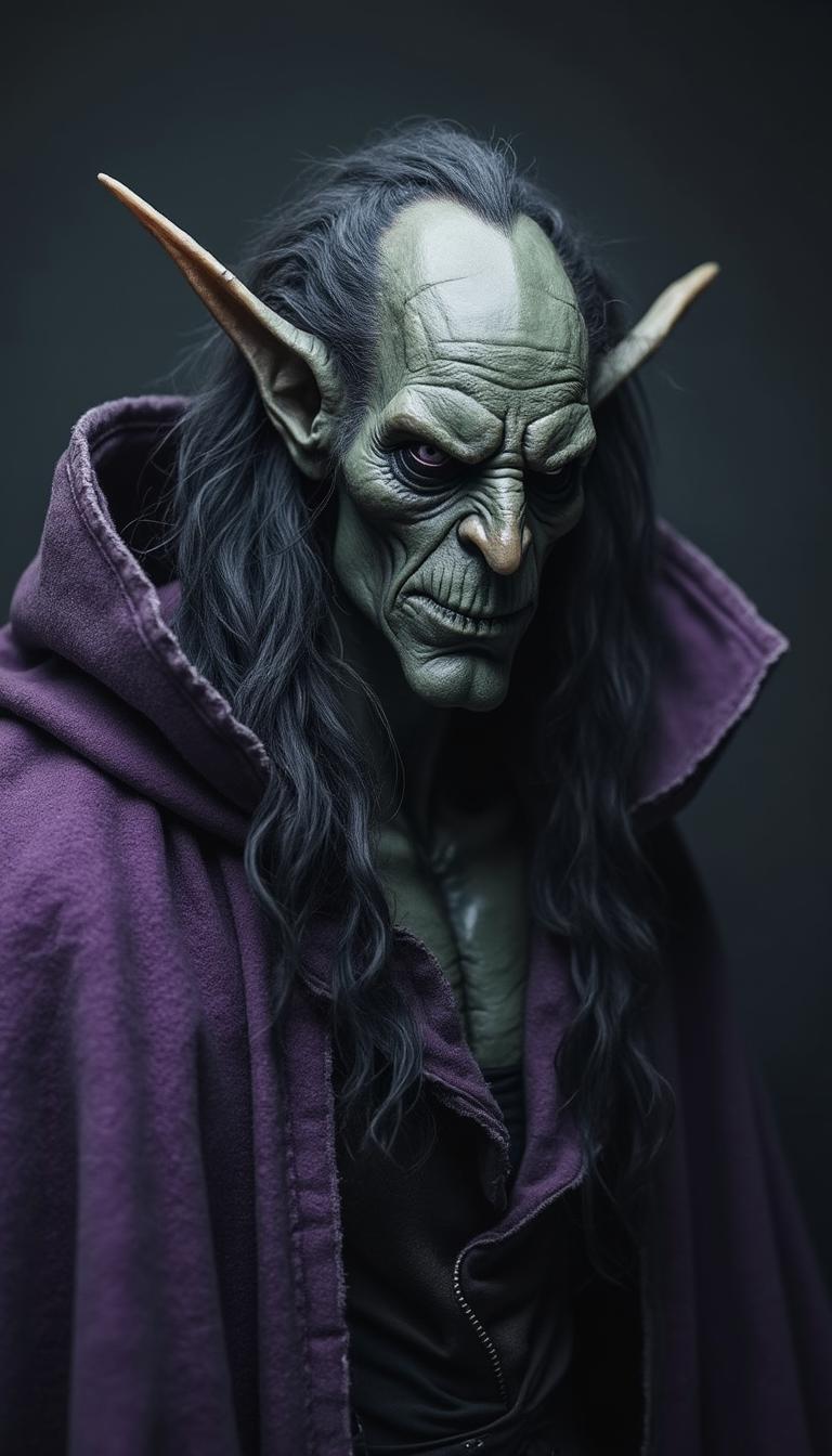 Black background. A bald long haired creature with dark gray skin and pointed ears and dark eyes. He wears a purple cloak. He is sinister.