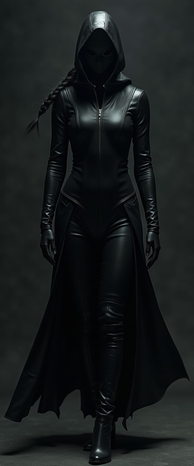 A mysterious female assassin known as "The Shadow" stands shrouded in an aura of darkness. She wears a sleek, skin-tight black leather suit that seems to merge with her body, reflecting only the faintest glimmers of light. Her face is concealed by a smooth, featureless black leather mask with hollow eye slits, giving her an emotionless and haunting appearance. Her long gloves, made of the same dark material, cover her slender hands entirely. She wears high-heeled black boots that seamlessly blend into her silhouette, accentuating her tall, commanding figure.A faint hint of a long, midnight-black braid flows down her back, though it's often obscured by shadows. Her presence exudes an oppressive, chilling aura, as if the light itself fears to touch her. Her posture is poised, graceful, and predatory, every movement fluid and calculated, almost as if she glides rather than walks. The background is dimly lit, emphasizing her enigmatic and spectral presence.She is not just an assassin; she is a legend—a symbol of death and fear, an ungraspable phantom whose very image seems to dissolve from memory.