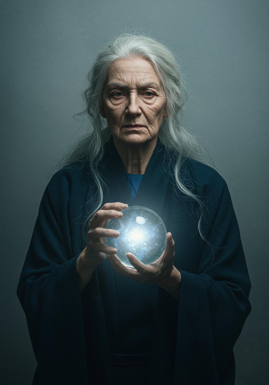 Create a cinematic keyframe of an elderly woman with a wise, aged face, wrinkled skin, and silver hair, dressed in dark blue, mystical robes, grasping a crystal ball with an ethereal glow, set against a subtle, misty background. Inspired by the styles of Maciej Kuciara and Jama Jurabaev, with a touch of Wojtek Fus's atmosphere. Employ cinematic color grading, with a palette that echoes the film stocks of Kodak Porta 400 and Cinestill 800. Capture the scene with a shallow depth of field, emphasizing the subject, and incorporate a subtle vignette, bokeh, and a filmic quality, reminiscent of a shot taken with a Leica M10 camera. The overall mood should be mystical, enchanting, and contemplative, with a focus on the woman's wise, yet mysterious, expression.