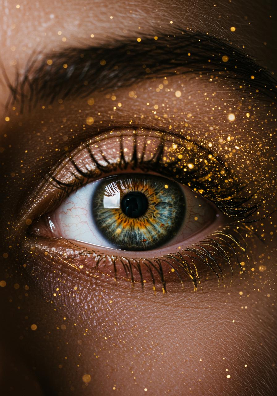 Create an ultrarealistic, photorealistic detailed magical and beautiful stunning golden make up eye of a woman with a big pupil. There is also golden dust which floating around the eye and it looks amazed what it sees. The picture looks mystical and magical in general. Add some bright light sparkles in the eye. 


