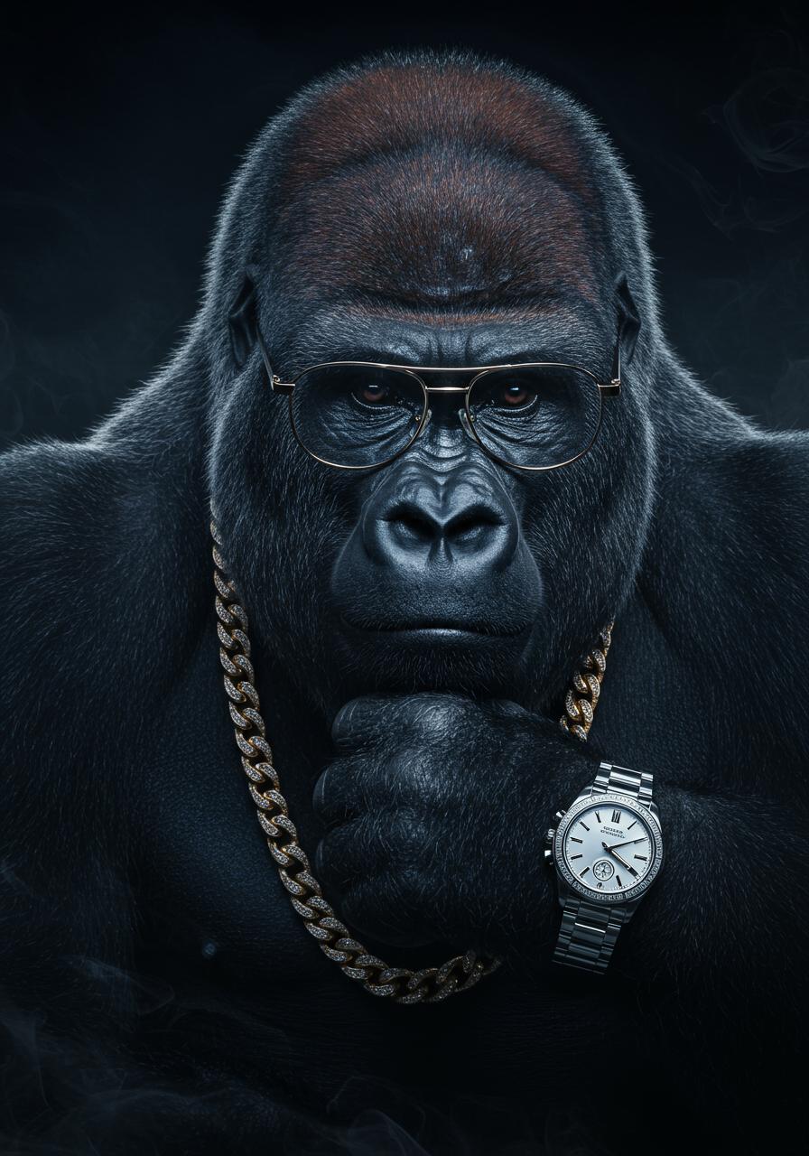 photorealistic, UHD, 4k, ultra detailed, intrinsic detailed, ((smoke atmosphere)) cinematic, a detailed and perfect photo of of gorilla with a gold chain, a silver watch and glasses looking at viewer,
realistic,realism, dark background, epic, beautiful lighting,

