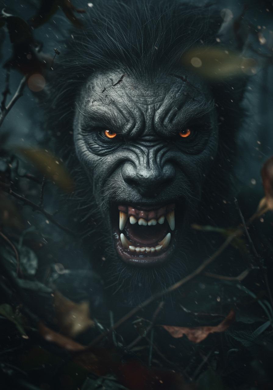a dramatic, high-contrast cinematic close-up photo of a snarling werewolf's face, illuminated solely by the soft, ethereal glow of the full moon, amidst the dark, misty atmosphere of a foreboding forest, with shallow depth of field and creamy bokeh surrounding the subject, as if captured by a high-end camera lens, with an abundance of leaves, twigs, and other foliage blurring into the background, the werewolf's skin a mottled mix of gray and brown, its eyes glowing with an otherworldly intensity, furrowed brow, and razor-sharp teeth bared in a menacing growl.