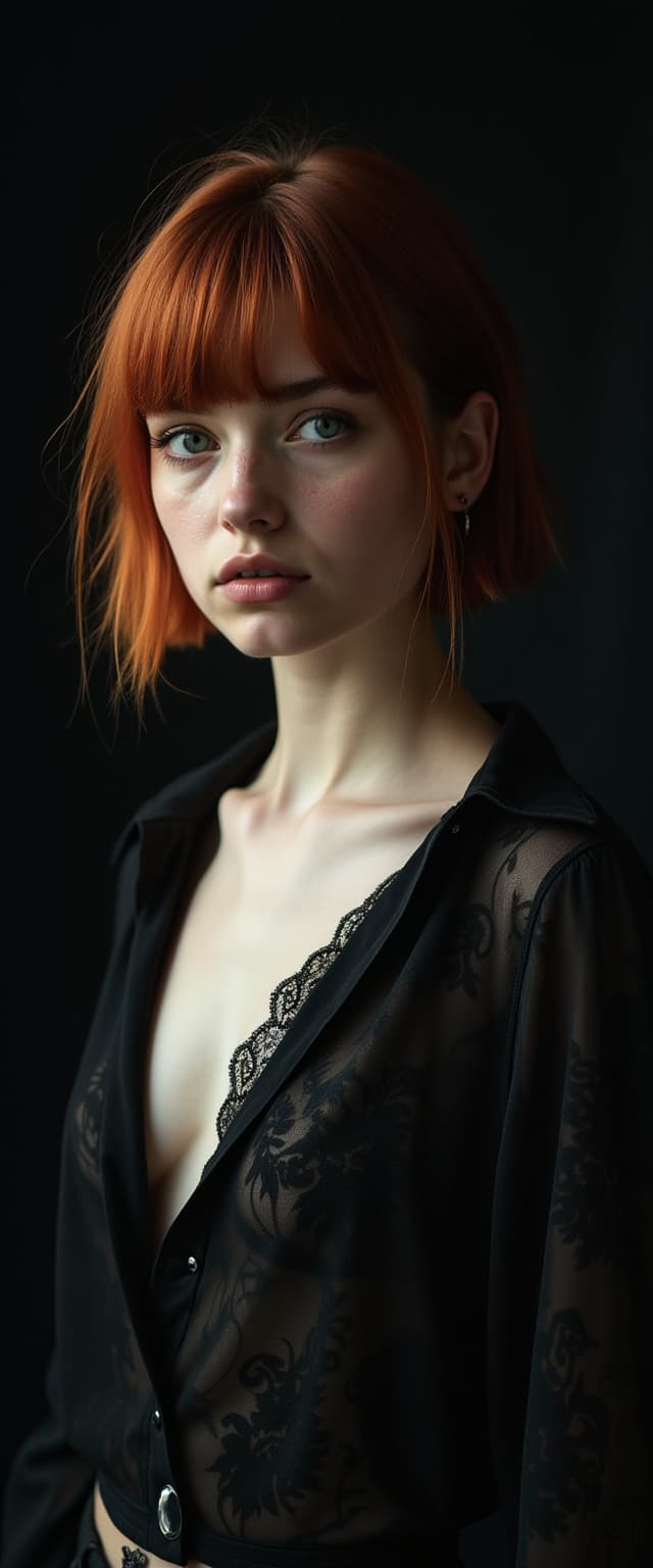 (dark mood Soft Lighting Photography by Alessio Albi and Mario Giacomelli:1.2), TWbabeXL01 beautiful female, side soft light, Dark environment, black over black, highly detailed,  auburn hair, detailed realistic photography, Stunning full body photo, Blunt Cut Haircut, grey piercing eyes,  eye-catchlighs, sad expression, finely detailed skin, (lightest freckles:0.9), little_belly, standing in a casual pose, braless, wearing (wide-open:1.3) black sheer shirt, unbuttoned shirt, perfect areola, open shirt, visible round small tits, perfect small breasts, black high couture floral fabric unbuttoned  shirt, professional color grading, epiCPhoto,   