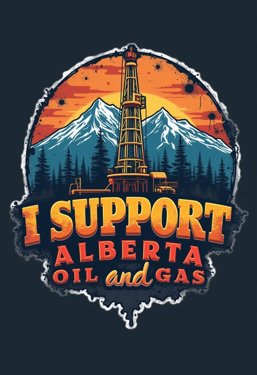 Create a logo with the words "I SUPPORT ALBERTA OIL AND GAS" with a gas rig and Alberta Rockies in the background 3d raised