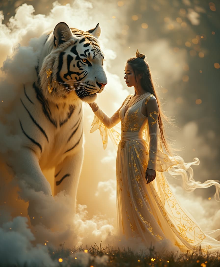 A cinematic, professional 35mm photograph with a bokeh background, capturing a mystical and serene moment. A stunning queen-like ninja woman with long, flowing hair, her entire body composed of delicate white smoke infused with golden streaks, stands gracefully next to a colossal, majestic tiger, whose entire form is crafted from swirling, dense white smoke with shimmering golden highlights. The woman is adorned in an ethereal, flowing gown made entirely of smoke, with intricate golden patterns resembling celestial runes and sacred symbols seamlessly blending into the fabric-like trails of mist. Her semi-transparent, mystical attire gracefully flows around her body, exuding a divine, spiritual aura. Her eyes glow softly in gold, radiating wisdom and serenity, as she gently places her hand on the tiger's massive head. The tiger’s smoky form ripples with elegance and power, its golden streaks illuminating its majestic features. Trails of smoke swirl from its paws and tail, blending with the sacred atmosphere surrounding them. The tiger leans into her touch with a humble yet protective posture, their bond radiating trust and harmony. The background is a dreamlike, spiritual landscape filled with soft golden light and shimmering mists, evoking a sacred and otherworldly ambiance. The entire scene is highly detailed, shot in 4K, with intricate bokeh effects and a cinematic, magical quality that draws the viewer into the divine connection between the ethereal woman and her majestic companion.
