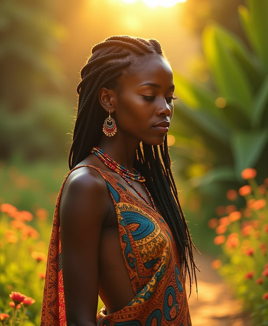 In the heart of a sun-drenched village, the most beautiful West African ebony woman stands poised against a backdrop of lush green foliage, her radiant skin shimmering like polished obsidian under the golden rays of the afternoon sun. Her hair, a cascade of intricate braids adorned with vibrant beads, frames her face, which is illuminated with a warm, inviting glow, accentuating her high cheekbones and the gentle curve of her lips, painted in a deep, rich hue that mirrors the earth. 

Draped around her shoulders is a flowing garment made from a rich, colorful fabric, its patterns swirling with the stories of her ancestors, while the fabric dances lightly in the warm breeze, creating a harmonious interplay between movement and stillness. The ground beneath her feet is a tapestry of earthy tones, speckled with wildflowers that sway gently, harmonizing with the rhythmic rustle of the leaves overhead. 