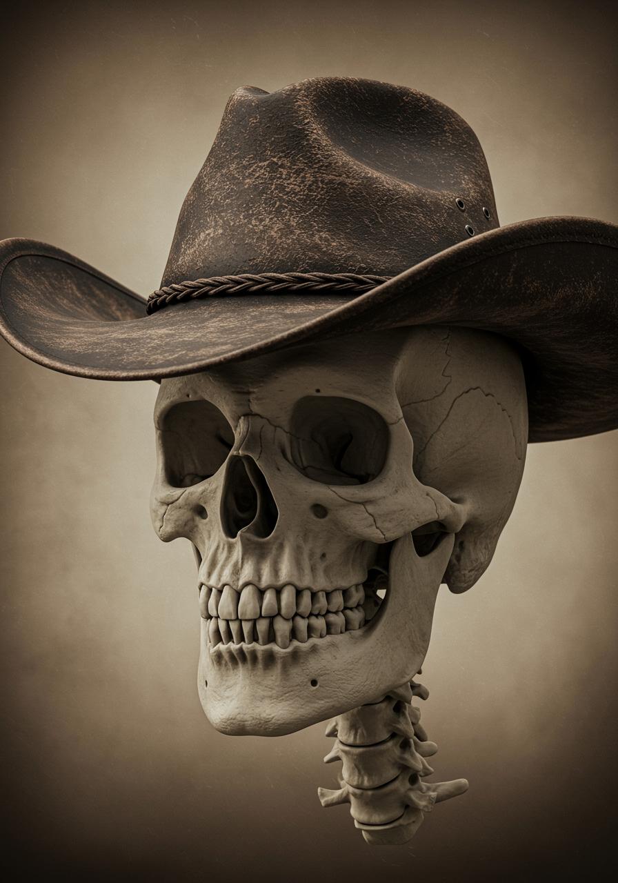 A female human  skull, wearing a Cowboy Head ,  