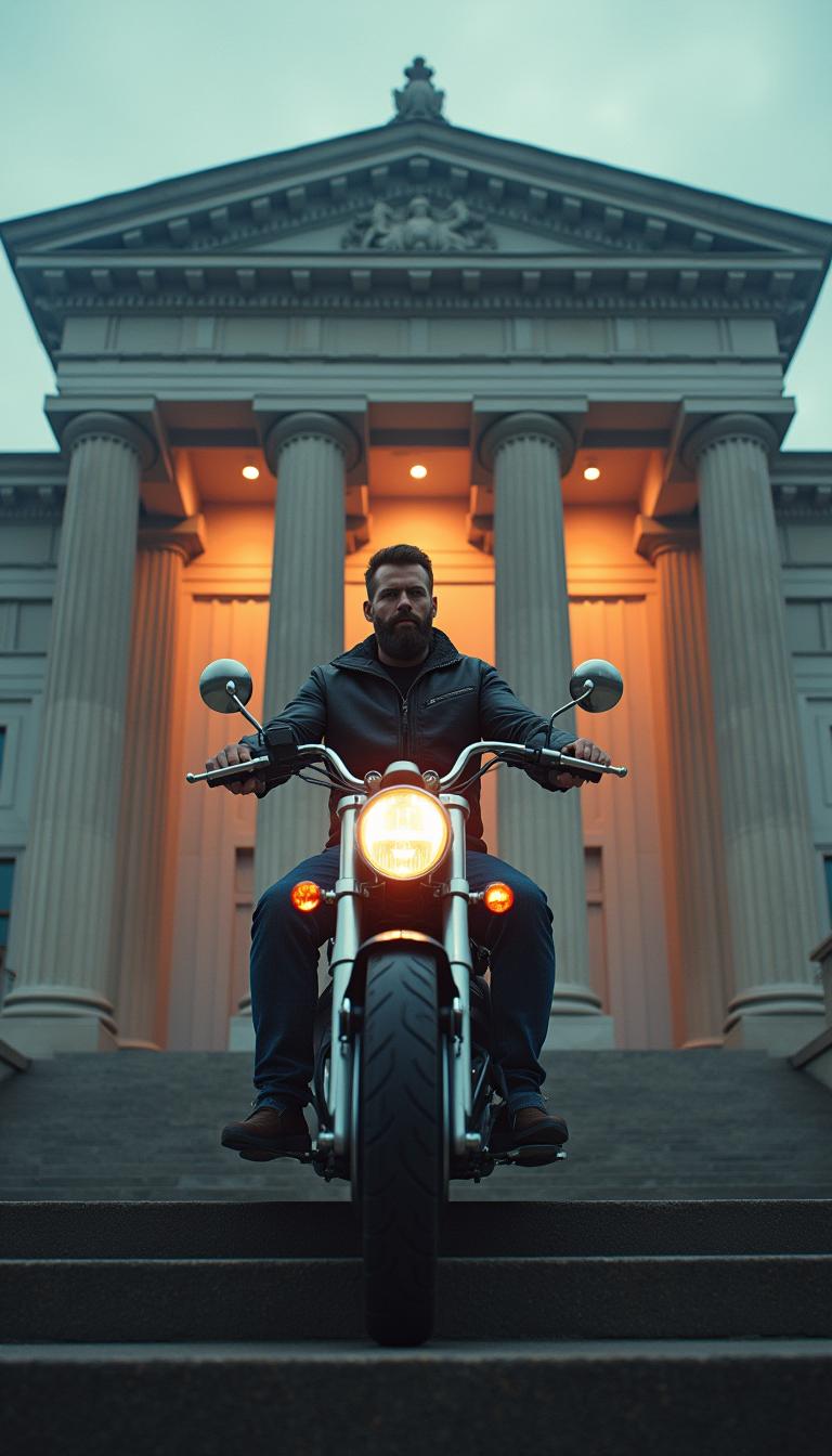 Using a futuristic misty scifi background of a highly industrial nature, a  bearded man  rides a motorbike down the steps of the entrance of the justice building  