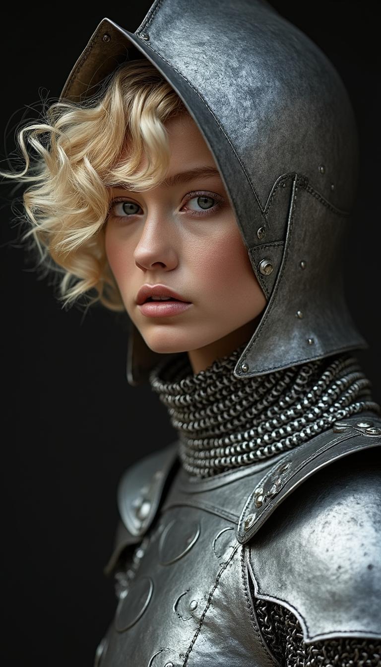fashion photo of curly blonde with short hair in iron hood, in silver metallic outfit, in chain mail and armor, girl stands on black background, photo in Steven Meisel style, high resolution photo, hyperrealistic, detailed, 25 mm.

