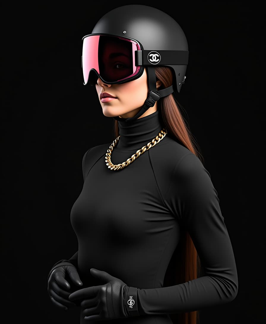 Wide Angle realistic photo of young woman. Black background she is wearing a black form-fitting jampsuit and gloves, black ski helmet on her head and ski google with pink lens. Long hairs. golden chain with Chanel logo on her neck. natural make up. a photo in the style of a fashion photographer Irving Penn. High-Fashion Pose, pulled- back fashion, professional photo, high detailed Black background


