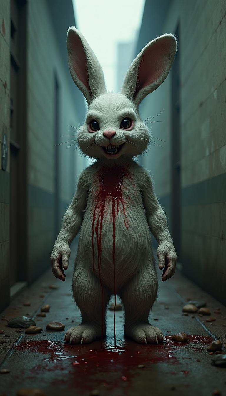 ((dark cinematic horror scene)), bloody murder rabbit cg character, real, scary, standing pose


