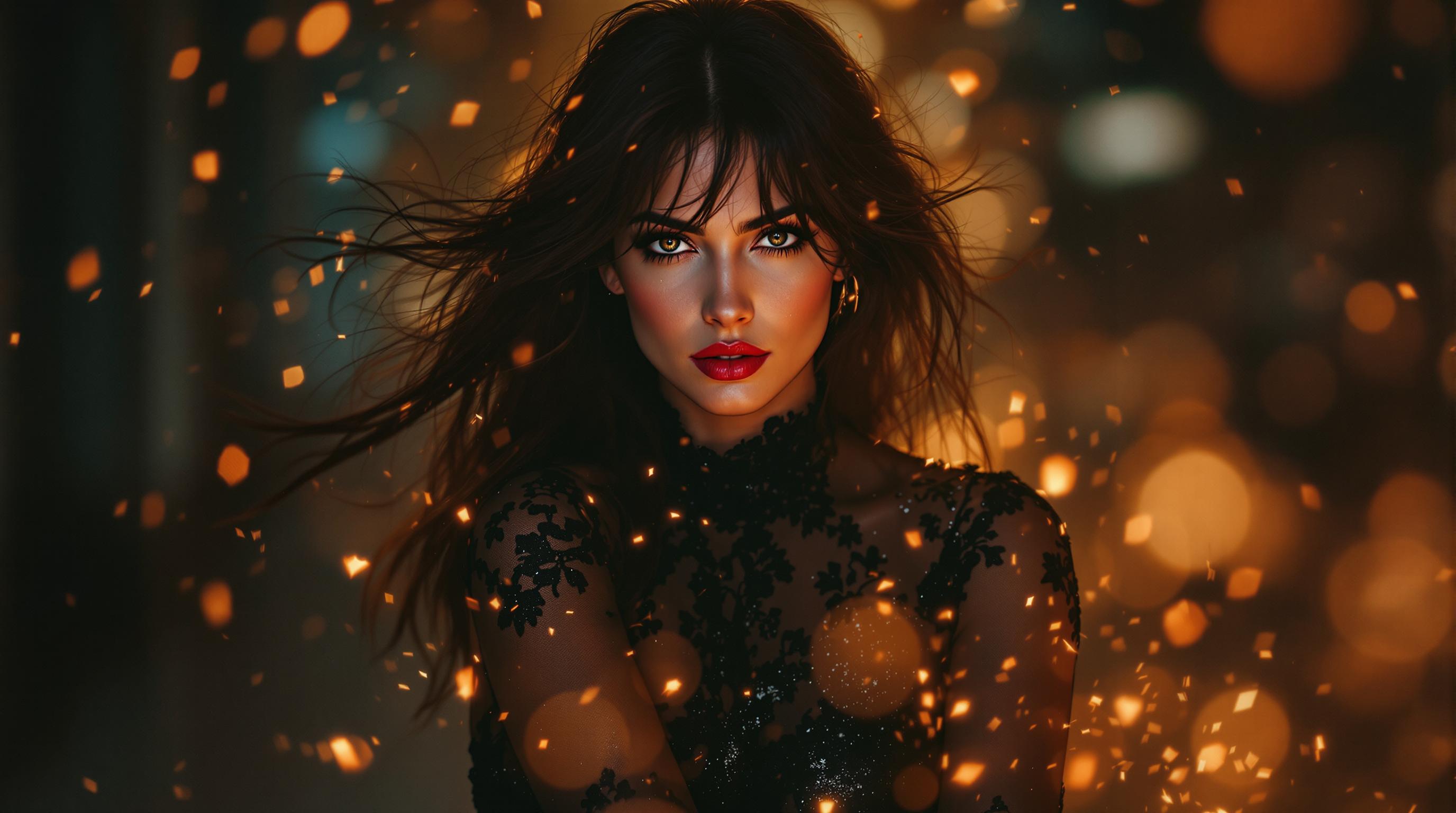 Create a digital artwork of a **sexy, middle-aged woman** with:

**Subject Description:** 
- Long, dark, messy hair framing her face, adding to her allure and dynamism.
- Wearing a **black, sheer lace top** with a high neckline, exuding elegance and mystery.
- Pose is dynamic, suggesting movement and capturing a moment of spontaneity.

**Visual Elements:**
- **Sparks and Glitter:** The foreground is adorned with varying sizes of sparks or glitter, creating texture and a **bokeh effect** for added depth and visual interest.
- **Lighting:** A dramatic interplay of **diffused and spotlight** effects; the subject is highlighted, enhancing her features and the sparkly foreground, while the background fades into a moody, lowlight setting.
- **Colors:** Warm tones in the background that complement the sparks, creating a **dreamy ambiance** and enhancing the overall visual harmony.

**Artistic Style:**
- **Digital Artwork Manipulation:** Incorporate elements of both **photography** and **digital art**, with a focus on manipulating the image to blend the real with the fantastical.
- **Mixed Media:** The sparks or fire elements should appear as if they are interacting with the subject, creating a surreal yet believable scene.

**Composition and Framing:**
- **Mid-Frame Shot:** Captures the subject from the waist up, focusing on her expression, pose, and the intricate details of her attire.
- **Camera Angle:** Slightly low angle to emphasize her stature and the dynamic pose, adding to the sense of movement.
- **Background:** Blurred with warm, soft tones to contrast with the sharp focus on the woman and the foreground elements.

**Mood and Atmosphere:**
- **Elegant and Mysterious:** The wardrobe choice and the lighting contribute to an atmosphere that is both sophisticated and enigmatic.
- **Time of Day:** Implied evening or night, enhancing the dramatic and intimate mood.

**Technical Aspects:**
- **Bokeh Effect:** Use a shallow depth of field to create a noticeable bokeh effect, enhancing the dreamy and sparkly foreground.
- **Lighting Techniques:** Use of **chiaroscuro** for dramatic lighting, with highlights and shadows to define the subject's form and mood.

This scene should blend the real with the fantastical, creating a cohesive, visually compelling image where all elements work together to evoke a sense of elegance, mystery, and movement.
