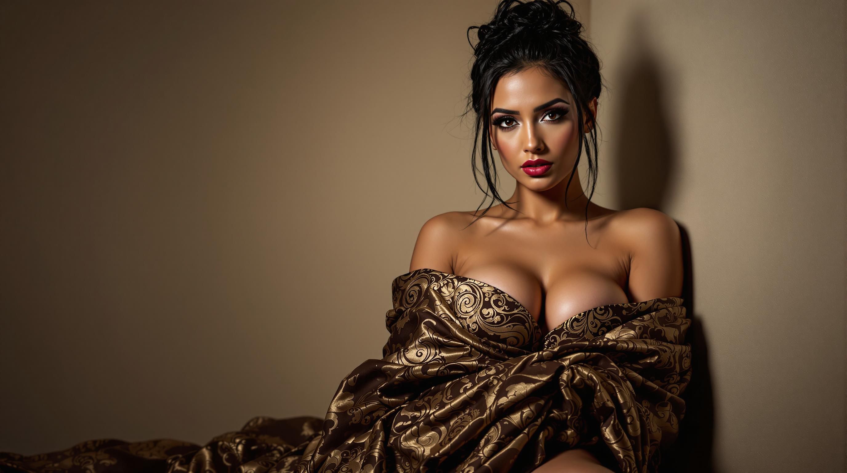 **High-Resolution Boudoir Photography** featuring a **sexy, exotic woman** with **dark hair intricately tied up**, her expression one of **seductive allure**. She is **wrapped in a strapless fabric** adorned with a **rich, intricate pattern** that highlights her curves. The **lighting is soft and diffused**, creating **moody shadows** that accentuate the texture of the fabric and the smoothness of her skin. The **camera angle captures her from a slightly low perspective**, giving her a **commanding presence**. The **composition** centers her against a **neutral, elegant backdrop**, with the fabric cascading around her in **sinuous folds**. The **atmosphere** is **intimate and luxurious**, reminiscent of **classic boudoir photography** with a **modern, sensual twist**.