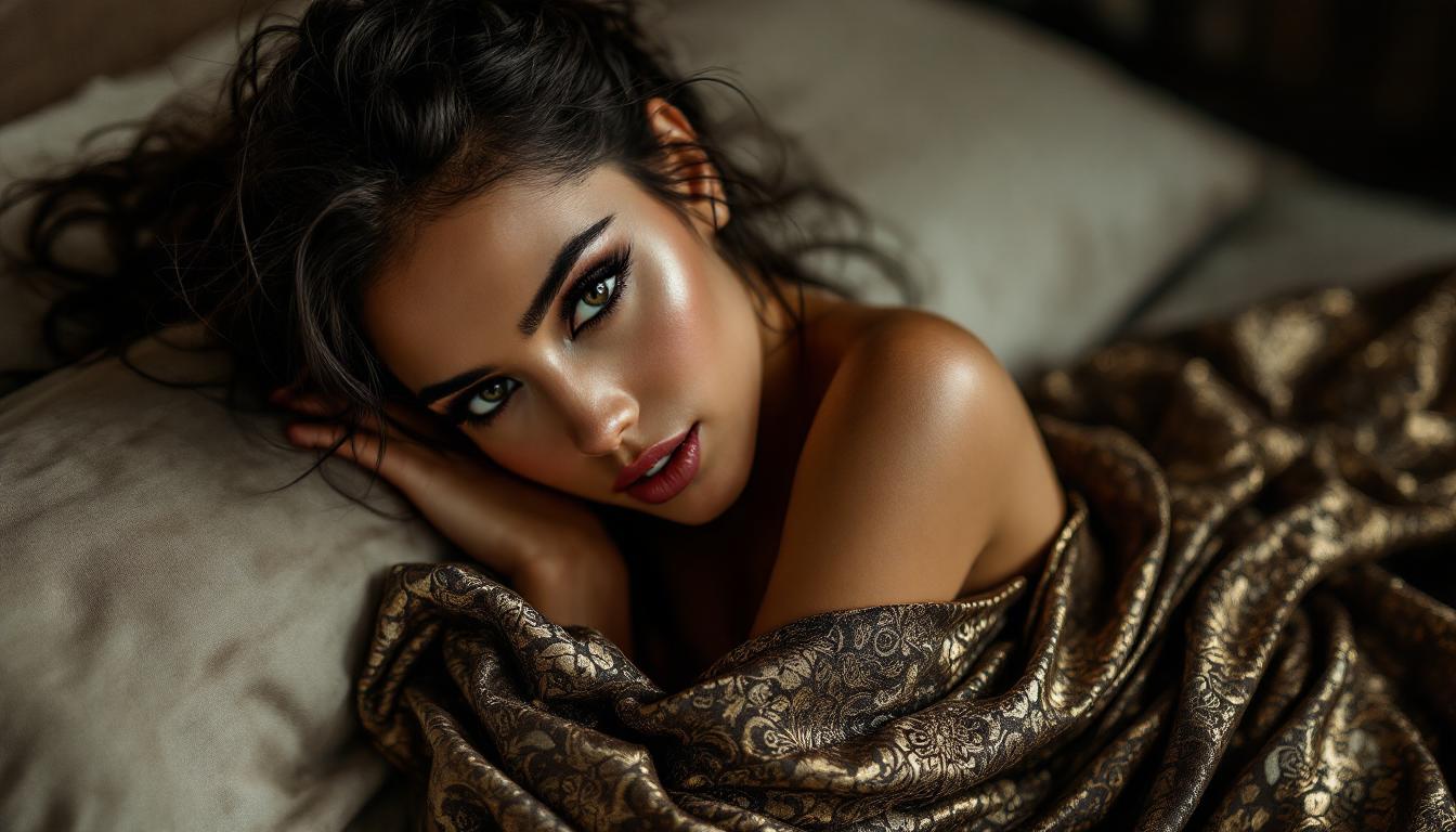 **High-Resolution Boudoir Photography** featuring a **sexy, exotic woman** with **dark hair intricately tied up**, her expression one of **seductive allure**. She is **wrapped in a strapless fabric** adorned with a **rich, intricate pattern** that highlights her curves. The **lighting is soft and diffused**, creating **moody shadows** that accentuate the texture of the fabric and the smoothness of her skin. The **camera angle captures her from a slightly low perspective**, giving her a **commanding presence**. The **composition** centers her against a **neutral, elegant backdrop**, with the fabric cascading around her in **sinuous folds**. The **atmosphere** is **intimate and luxurious**, reminiscent of **classic boudoir photography** with a **modern, sensual twist**.