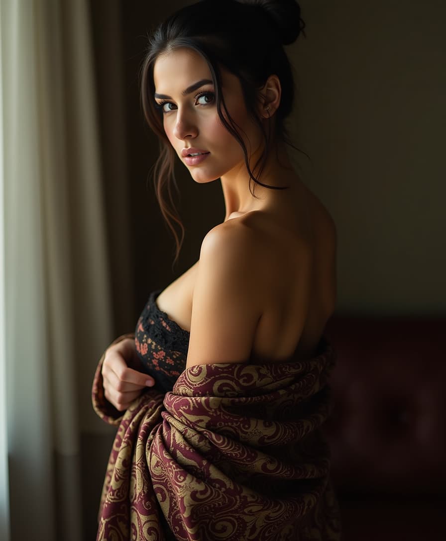 **High-Resolution Boudoir Photography** featuring a **sexy, exotic woman** with **dark hair intricately tied up**, her expression one of **seductive allure**. She is **wrapped in a strapless fabric** adorned with a **rich, intricate pattern** that highlights her curves. The **lighting is soft and diffused**, creating **moody shadows** that accentuate the texture of the fabric and the smoothness of her skin. The **camera angle captures her from a slightly low perspective**, giving her a **commanding presence**. The **composition** centers her against a **neutral, elegant backdrop**, with the fabric cascading around her in **sinuous folds**. The **atmosphere** is **intimate and luxurious**, reminiscent of **classic boudoir photography** with a **modern, sensual twist**.
