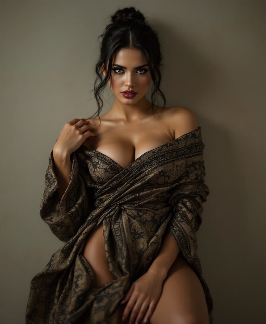 **High-Resolution Boudoir Photography** featuring a **sexy, exotic woman** with **dark hair intricately tied up**, her expression one of **seductive allure**. She is **wrapped in a strapless fabric** adorned with a **rich, intricate pattern** that highlights her curves. The **lighting is soft and diffused**, creating **moody shadows** that accentuate the texture of the fabric and the smoothness of her skin. The **camera angle captures her from a slightly low perspective**, giving her a **commanding presence**. The **composition** centers her against a **neutral, elegant backdrop**, with the fabric cascading around her in **sinuous folds**. The **atmosphere** is **intimate and luxurious**, reminiscent of **classic boudoir photography** with a **modern, sensual twist**.