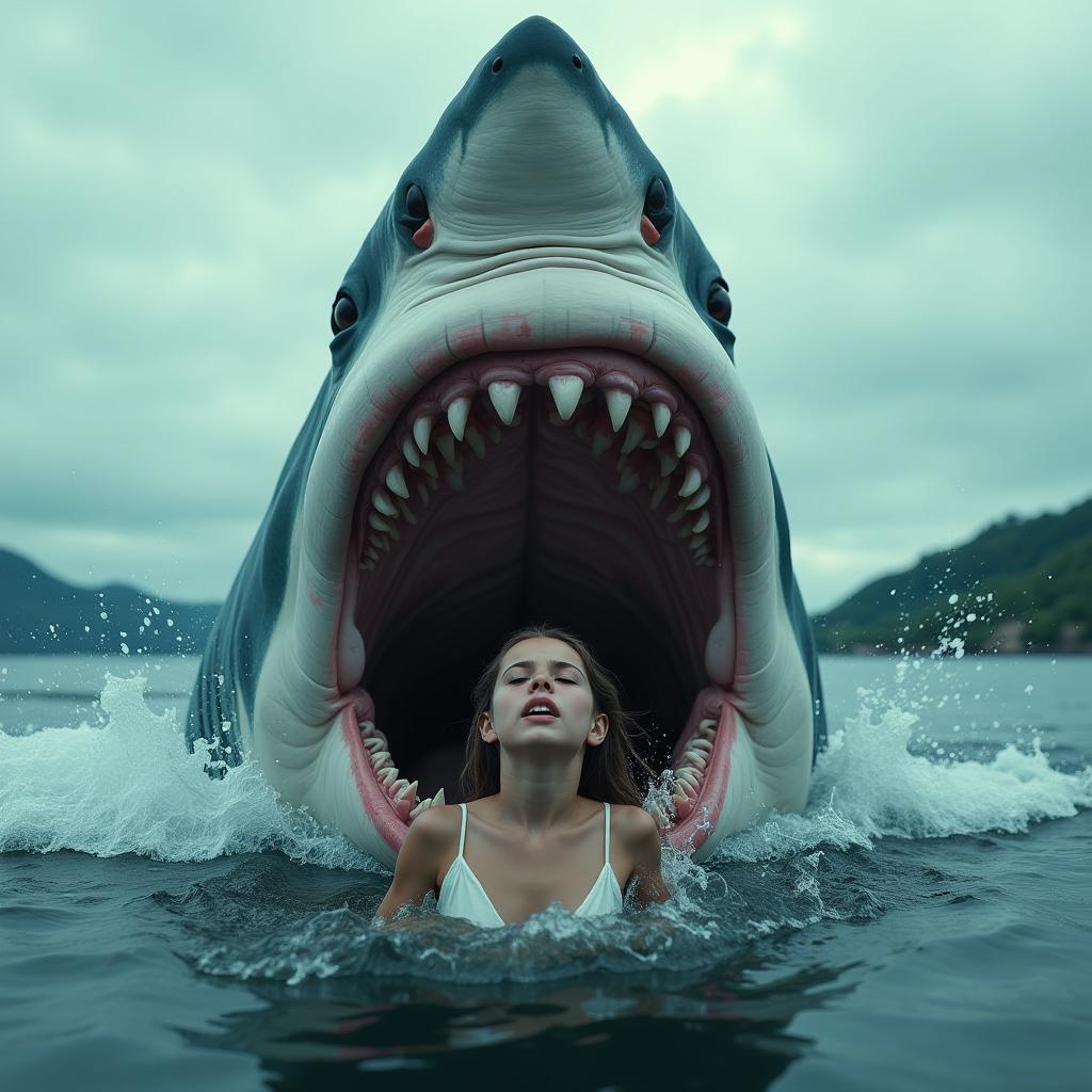 A huge great white shark with its mouth open is trying to eat a girl in the water. The scene is terrifying and realistic. It looks like an epic horror movie. In the style of David Fincher. Cinematic shot. Full-length portrait.