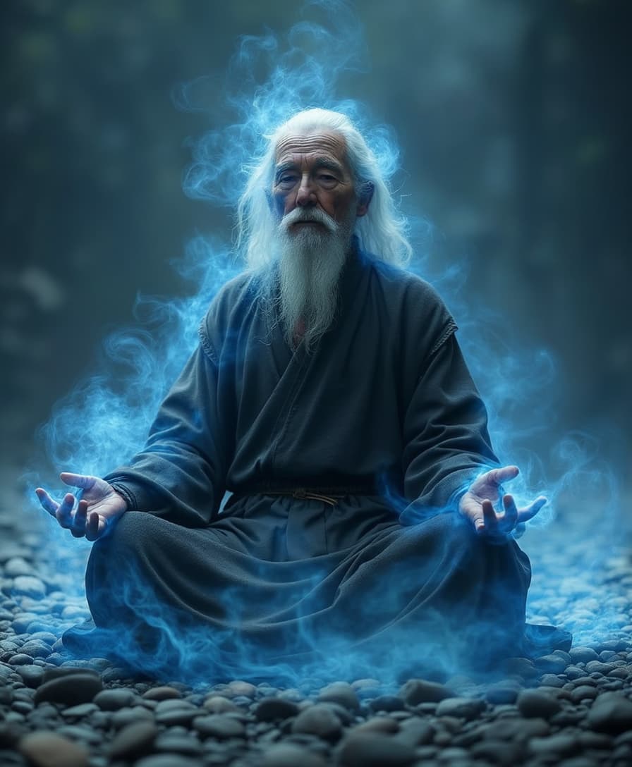 A cinematic scene of a white-haired elder, dressed in simple black burlap clothing, deeply immersed in meditation within an endless void. His posture is calm yet focused, and his body is enveloped in a swirling blue spiritual energy, radiating power and mysticism. The blue aura shimmers around him, contrasting with the surrounding emptiness, creating a sense of immense spiritual strength and otherworldly mastery. The ethereal energy seems to pulse with life, enhancing the elder's transcendent, high-level cultivator aura. The scene feels timeless and cosmic, as if he exists beyond the realm of ordinary reality.