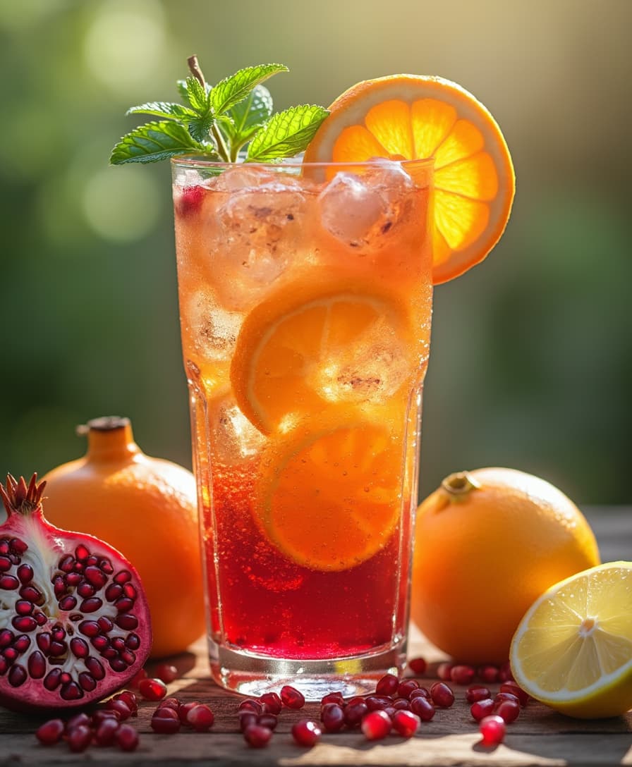 A highly realistic and detailed glass of fresh juice, filled with a vibrant mix of orange, pomegranate, and lemon flavors. The juice is served in a clear glass with condensation on the outside, sitting on a rustic wooden table. Fresh ice cubes float in the juice, adding a refreshing touch. Garnished with a slice of orange and a sprig of mint on the rim. Surrounding the glass are whole oranges, a halved pomegranate with seeds glistening, and a sliced lemon, all bathed in soft natural sunlight for a refreshing and inviting atmosphere quality