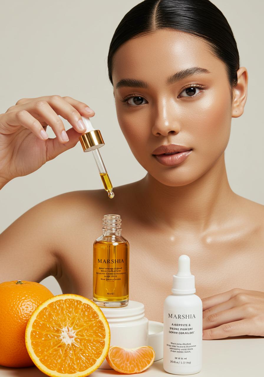 **Photography**: A high-resolution, realistic photograph with natural lighting and a shallow depth of field to emphasize the subject.

**Subject**: A beautiful young woman with flawless skin, holding a dropper bottle filled with amber-colored oil. Her expression is serene and confident, looking directly at the camera. 

**Composition**: The woman is centered in the frame, with her hand delicately holding the dropper bottle in the foreground. To her side, half oranges are artfully arranged, their vibrant color contrasting with the amber oil. A bottle of face serum is placed just behind the dropper, slightly out of focus, creating depth.

**Visual Elements**: 
- **Textures**: The smooth, glass dropper bottle reflects light subtly, showing the viscosity of the oil. The oranges have a matte texture, highlighting their freshness.
- **Colors**: A palette of amber, orange, and soft whites dominates, with the skin tone providing a natural, warm glow. The background is neutral, enhancing the minimalist aesthetic.
- **Lighting**: Soft, diffused natural light illuminates the scene, with the light source coming from the side to create gentle shadows that accentuate the products' contours.

**Style**: 
- **Minimalist**: Clean lines, uncluttered space, and a focus on essential elements. The background is a solid, light color, possibly off-white or soft gray, to keep the focus on the subject and products.
- **Photographic Technique**: Use of macro photography to capture the detail of the dropper and oil, with a soft bokeh effect in the background.

**Mood and Atmosphere**: 
- **Serene**: The overall ambiance is calm and tranquil, suggesting a moment of self-care and luxury.
- **Luxurious**: The arrangement and presentation of the skincare products suggest a high-end, spa-like experience.

**Technical Aspects**: 
- **Focus**: The dropper bottle and the woman's face are in sharp focus, while the serum bottle behind is slightly blurred to keep the viewer's attention on the key elements.
- **Depth of Field**: Narrow to isolate the subject from the background, enhancing the minimalist feel.
- **Post-Processing**: Subtle color correction to enhance the warmth and vibrancy of the amber oil and oranges, maintaining a natural look.