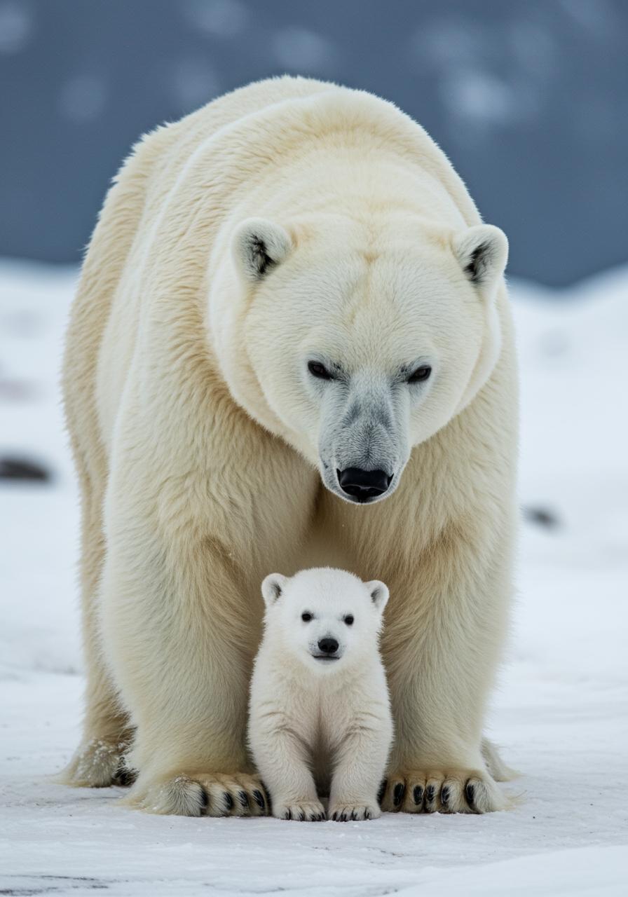 The polar bear mother stood with her head down and smiled as she looked at her baby,, nice happy face,Create a 2D ultra-cute, soft illustration of a full polar bear, with rounded, gentle features and a warm, friendly expression. The bear is fluffy white, with soft curves and smooth texture details on its fur, realistic photography style,snowy mountains, Arctic, polar bear features,high resolution