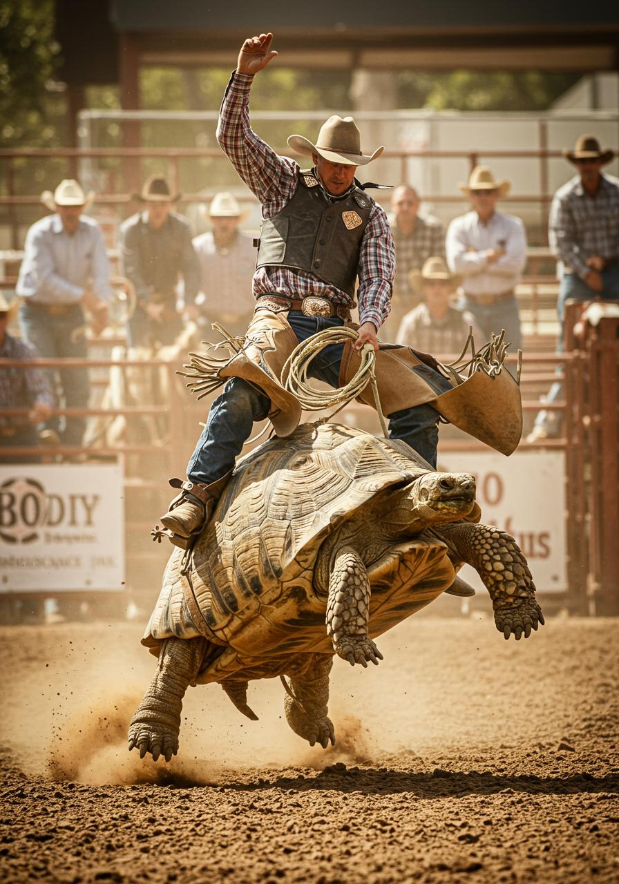 **Create an image of a cowboy riding a bucking tortoise in a rodeo:**

- **Visual Details:** The cowboy is wearing traditional attire, with a weathered leather hat, denim chaps, and a plaid shirt, all in earthy tones. The tortoise has a rough, textured shell, with vibrant, swirling patterns in shades of green and brown. The spurs on the cowboy's boots are catching the light, creating small glints.

- **Style:** Capture this scene in the style of a vintage Wild West photograph, with a sepia tone overlay, grainy texture, and a slightly overexposed background to emphasize the main subjects.

- **Composition:** The cowboy is dynamically positioned on the tortoise, with one hand gripping the reins and the other raised in the air for balance. The tortoise is in mid-buck, with legs extended in different directions. The camera angle is from the side, capturing the full length of the tortoise and the cowboy's tense posture.

- **Mood and Atmosphere:** The atmosphere is charged with excitement and tension, typical of a rodeo event. Dust is kicking up around the tortoise's feet, suggesting movement and energy. The lighting is harsh, with the sun casting long shadows, indicative of late afternoon at an outdoor rodeo.

- **Technical Aspects:** Utilize a shallow depth of field to keep the cowboy and tortoise in sharp focus, with the audience and background slightly blurred. Use a fast shutter speed to freeze the motion of the bucking tortoise, ensuring crisp details in the action.

- **Cohesion:** Ensure that the surreal nature of a cowboy riding a tortoise is balanced by realistic elements in the setting, costume, and the physical dynamics of the action, creating a believable yet fantastical scene.