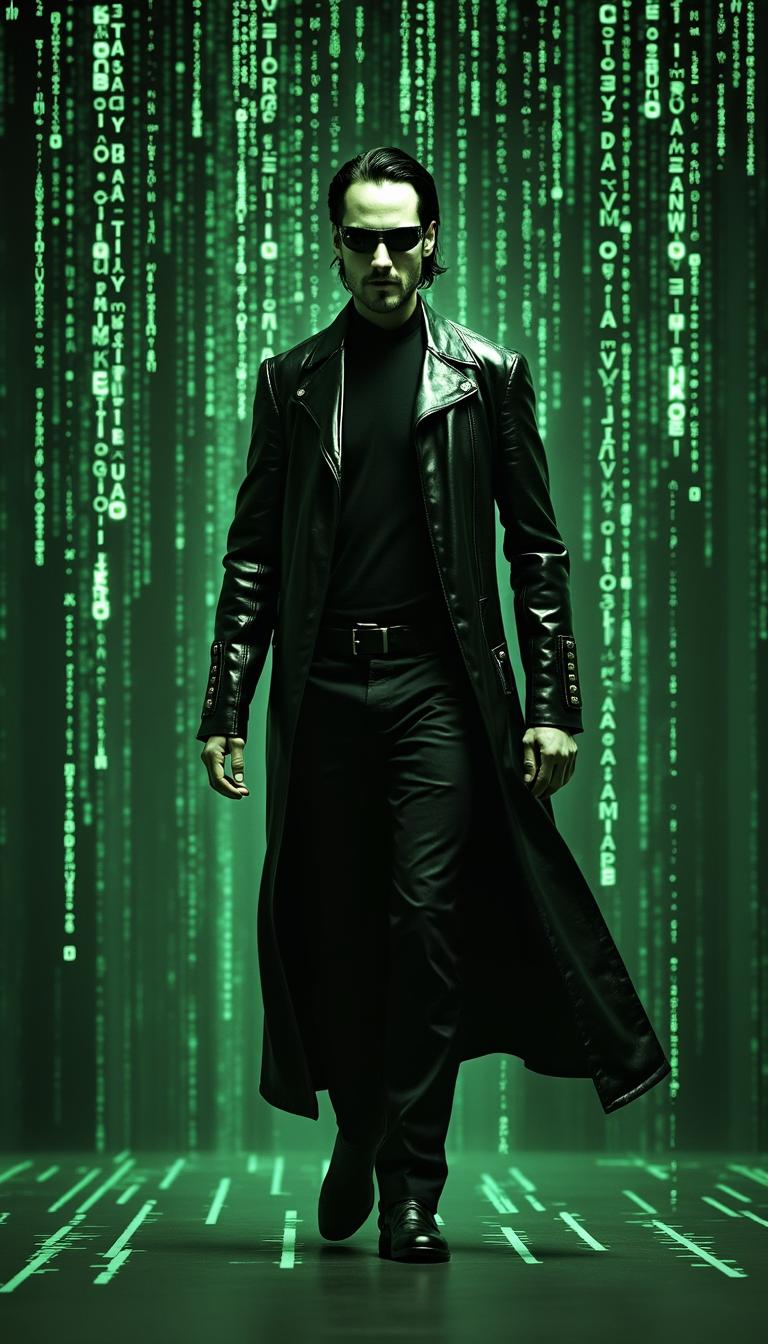 movie "The Matrix" poster, keanu reeves wearing black , virtual world, matrix green display text, realistic photo collage