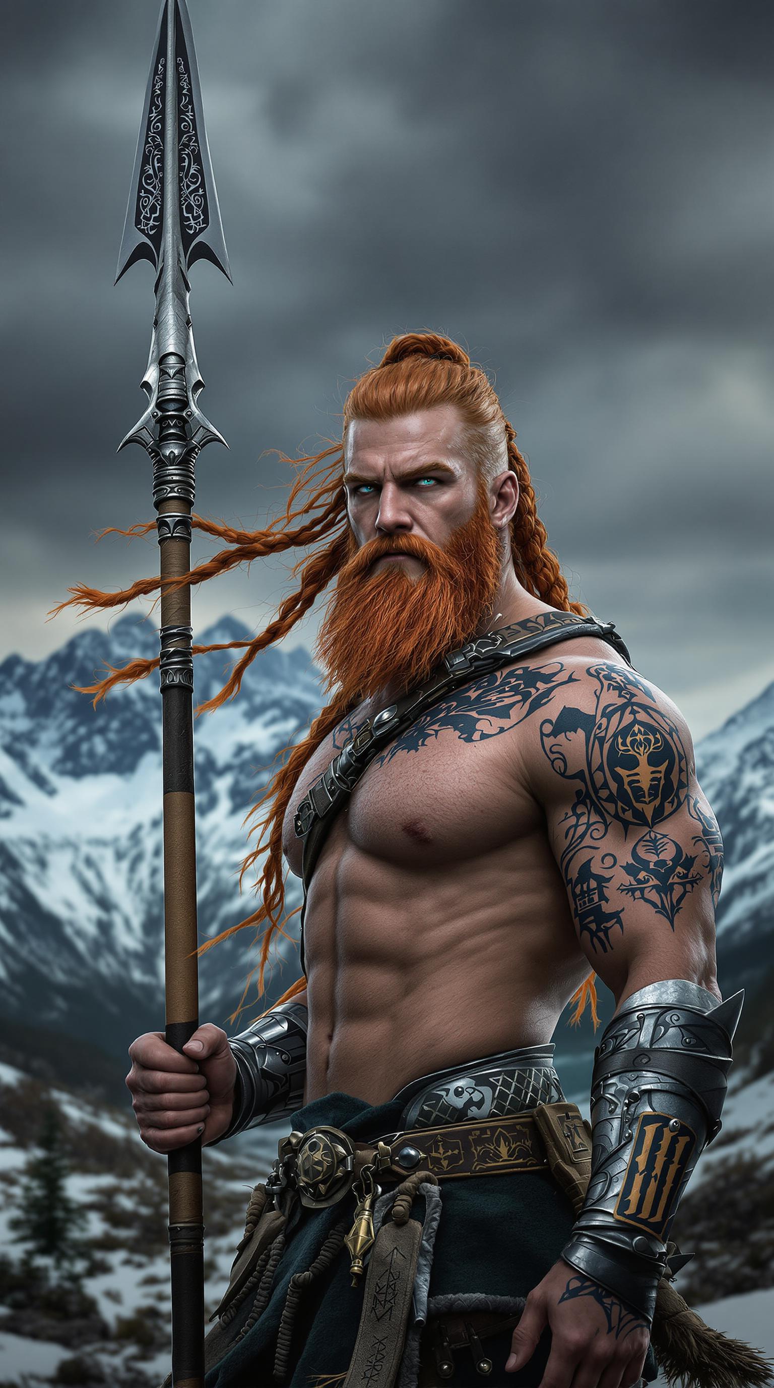 A hyper-realistic, ultra-detailed depiction of a fierce Scandinavian fury warrior man with fiery red hair and  beard styled in long braids and loose strands flowing in the wind. She holds an intricately designed spear with Nordic-style engravings in one hand, exuding strength and confidence. Her muscular, toned body is highlighted with dramatic lighting, adorned with tattoos featuring Norse symbols and patterns. She wears a minimal yet sturdy leather and metal outfit, including a strap across her chest and metallic bracers on her arms. Her expression is calm yet determined, with piercing eyes focused on the horizon. The background features majestic, snow-covered mountains under a stormy, moody sky, enhancing the epic and powerful dark atmosphere. The image is crafted with ultra-photographic realism, showcasing lifelike textures and vivid details- Ultra-detailed Ultra-natural.  8k and full hd.