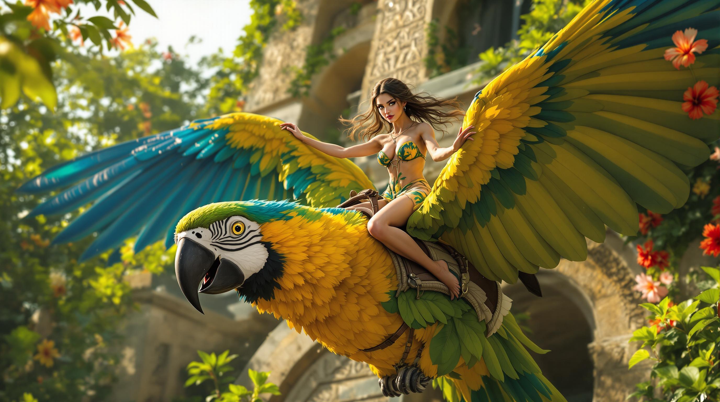 A 7-inch-tall, **Amazonian** shrunken woman with a **brunette** Russian heritage, boasting **pale skin**, **rock hard abs**, a **skinny waist**, **bulging muscled biceps**, and **muscled legs**, **wearing a green and yellow tropical dress** that clings to her **muscular, no body fat** physique. She gazes **directly at the viewer**, her **life-like** appearance contrasting with her **diminished size**. She rides atop a **giant macaw parrot** with a **saddle**, the bird's **wings spread wide** in flight, navigating around a **giant Aztec temple** with intricate carvings. The **Hibiscus flowers** on the garden wall blur into a **surreal, fantasy background**, bathed in the **soft, golden light of late afternoon**. The scene evokes a **light fantasy atmosphere**, where she appears as a **mythical creature** like a fairy or pixie, **vulnerable** in this **enormous, yet enchanting** setting. **Cinematic**, **vibrant colors**, **shallow depth of field**, **dynamic angle** to emphasize the **sense of scale**, **soft focus** on the background to create **dream-like quality**, **vivid textures** to enhance realism.