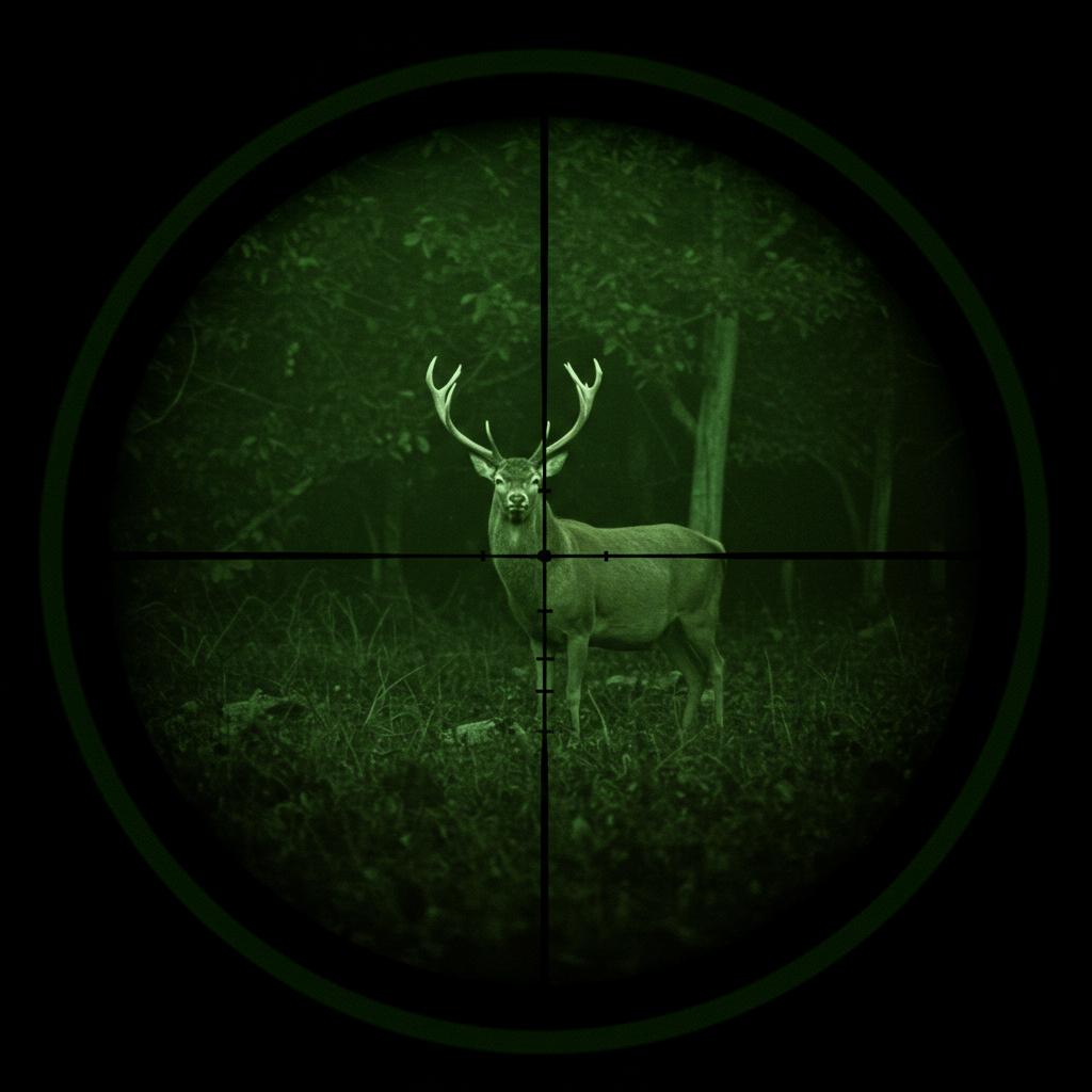 zoom look through a night vision rifle scope with cross and  showing a scene with a huge deer in forrest in grain green night vision color