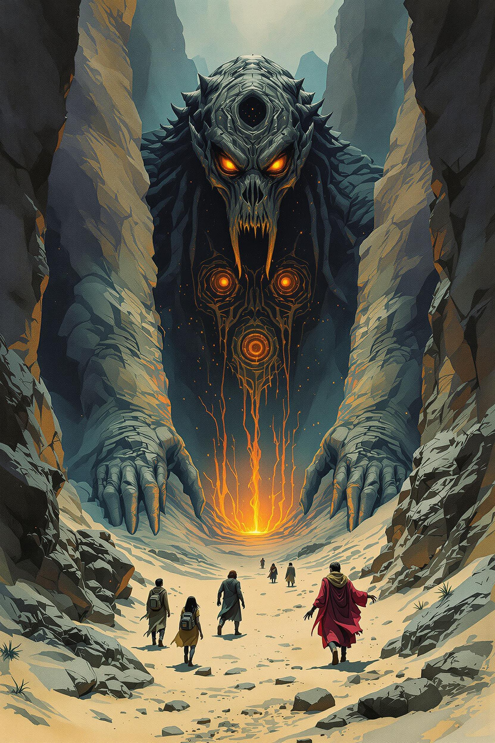A group of nomads encounters a colossal, dormant being, half-buried in the sand. Resembling a Lovecraftian god, its awakening influences the minds of those around it, revealing cosmic horrors and truths., 
Inspired by the adventurous spirit of 'Indiana Jones' and infused with the ominous, otherworldly mystique of H.P. Lovecraft's universe. Picture a setting that merges the charm and camp of 1980s adventure films with the eerie, dreamlike quality of Lovecraftian horror. Visualize scenes where subtle yet powerful magic underlies the reality, evoking a sense of ancient, unfathomable forces lurking beneath everyday appearances. This blend captures the essence of a surreal, 80s-style cinematic world where every corner hides a hint of mystical wonder and dark, arcane secrets, 
the scene is captured in dimly lit dark fantasy but vibrant colors, with bold ink lines defining form against the watercolor wash of the aged paper