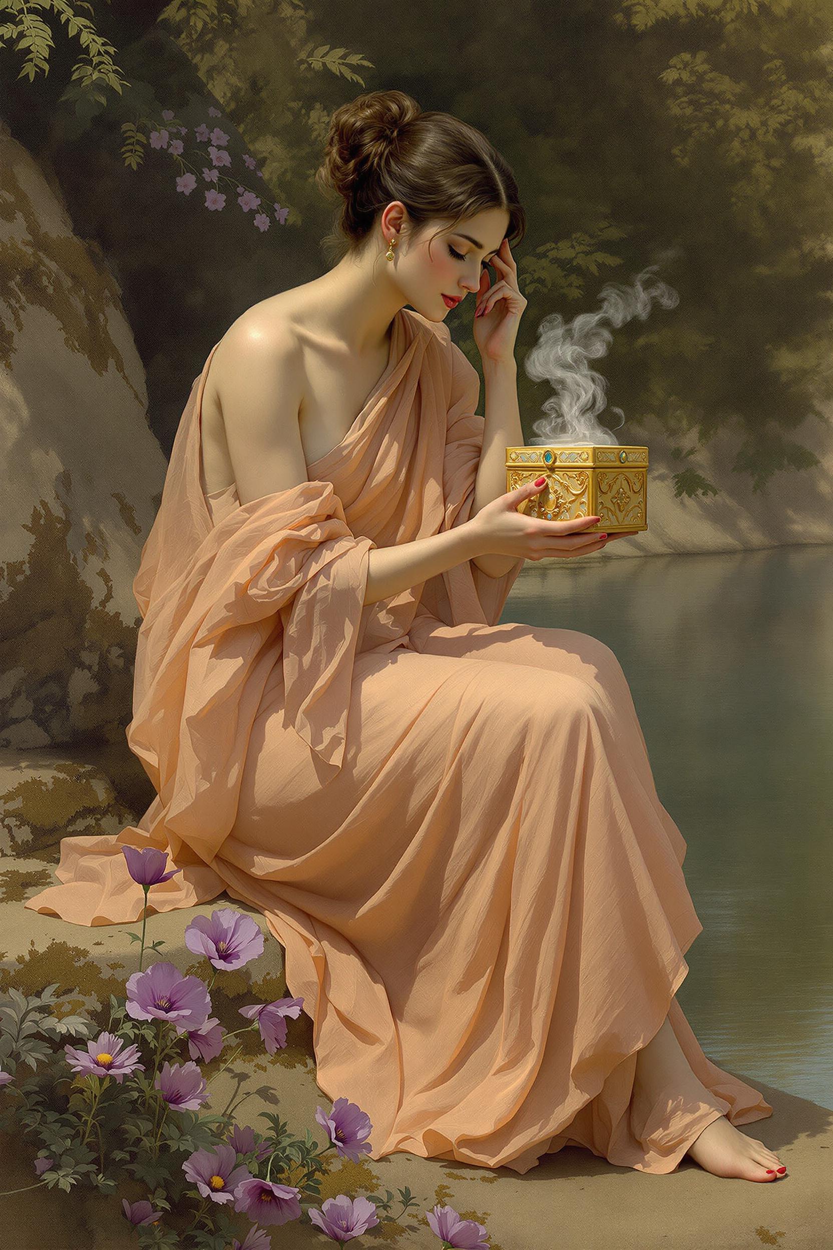 This image depicts a classical scene, likely inspired by a mythological narrative, with a focus on a female figure engaging with a small, ornate golden box. Here is a detailed list and description of the visual elements present in the image1. Female Figure The central figure is a woman dressed in a flowing peach colored robe with a sheer, draped fabric. One shoulder is exposed. Her hair is styled in a bun, and she is seated on a rocky ledge.2. Golden Box The woman is holding a small, intricately designed golden box with a lid that is slightly ajar, revealing a glimpse of what might be inside. The woman is trying to look inside the box, and whisps of vapor are coming out of the open lid. The box has a pattern of floral motifs and is embellished with what appears to be precious stones.3. Surroundings The woman is seated on a rocky ledge, which slopes down to a body of water in the background. The water is calm, with a reflection of the trees and sky. The rocks are mosscovered, and the foliage in the background is lush, with a variety of green hues.4. Flowers There are purple flowers in the foreground, which are likely poppies, adding a splash of color to the scene.5. Lighting The lighting in the scene is soft and diffused, casting gentle shadows and highlights that give the image a serene and timeless quality.6. Texture The womans robe has a soft, flowing texture, while the rocks and foliage have a rougher, more natural texture.7. Color Palette The color palette is muted with earthy tones, punctuated by the vibrant purple of the flowers and the warm gold of the box.8. Composition The composition is balanced with the woman and the box placed offcenter, drawing the viewers eye and creating a sense of depth.9. Atmosphere The atmosphere is one of quiet contemplation and mystery, as the viewer is left to wonder about the contents of the box and the significance of the scene.10. Artistic Style The style of the painting is reminiscent of late 19th to early 20thcentury Impressionism or Symbolism, with a focus on light, texture, and atmosphere.These elements come together to create a scene that is both visually rich and evocative, inviting the viewer to ponder the story or myth that might be behind this moment captured in time.