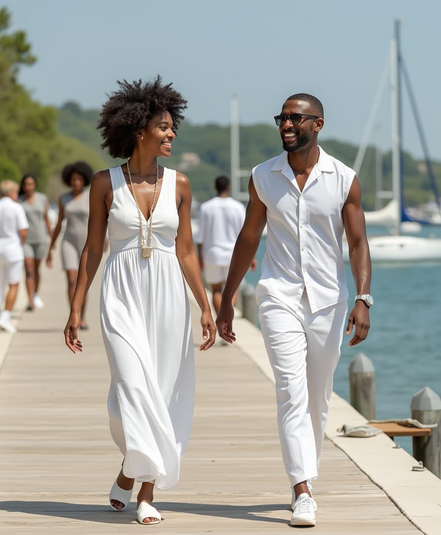 realistic modern (2025) African American women and men dressed in white in the summer. They are walking on a boardwalk at the waterfront. Boats are in the background.