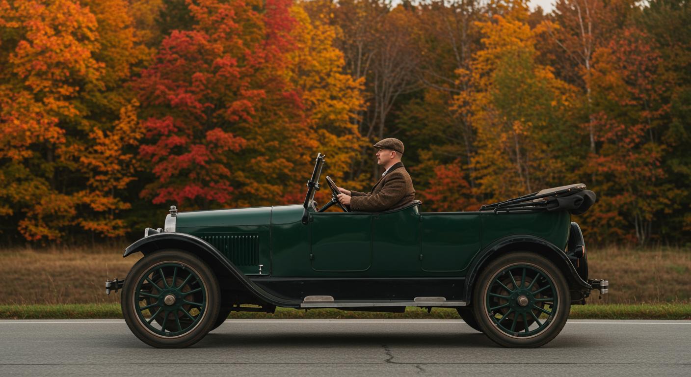 a profile shot of a man driving a seven passenger 1924 studebaker touring vehicle on a paved road passing by fall trees and foliage photo realistic