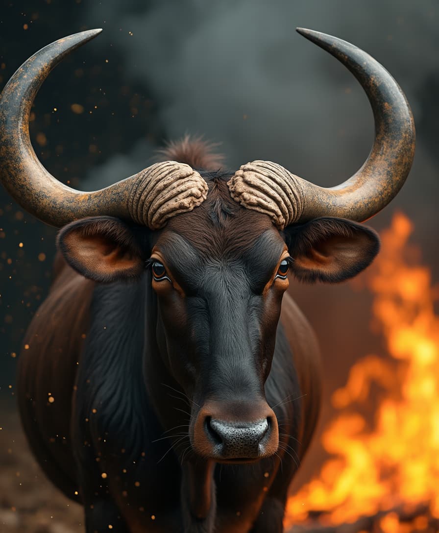 a hyper realistic picture of an adult long horn animal with long extra long horns up close staring at the camera with a dark background with a big fire going on in the background with smoke around long horn