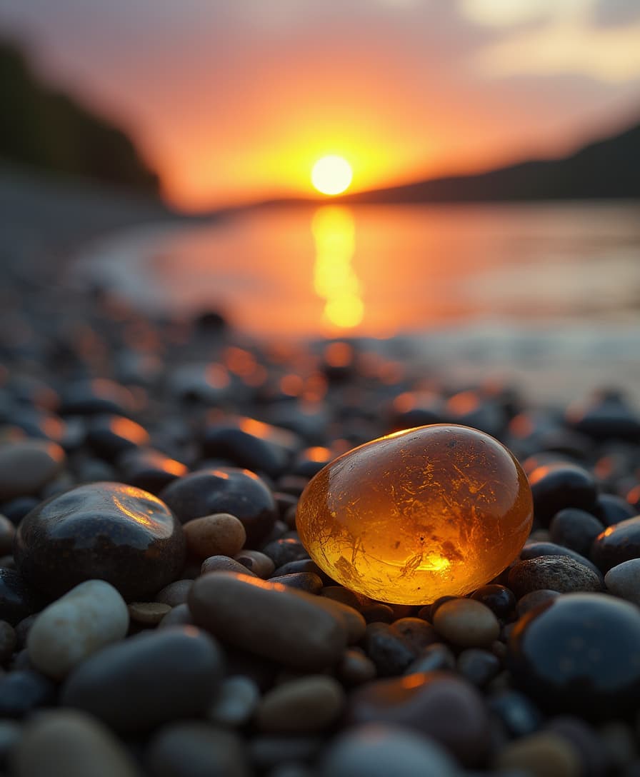 AMBER stones on the riverbank, close-up, macro photography, small stones, sunset on the horizon, beautiful light