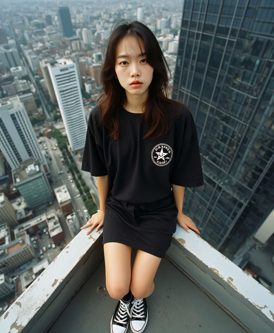 woman, looking straight into camera, black oversized t-shirt dress before knees, female model, hair, converse all star, full body shot, shoot from the top, view from top, wide camera angle, early 2000s, from top, on the roof of tokyo skyscraper, beautiful tokyo skyline