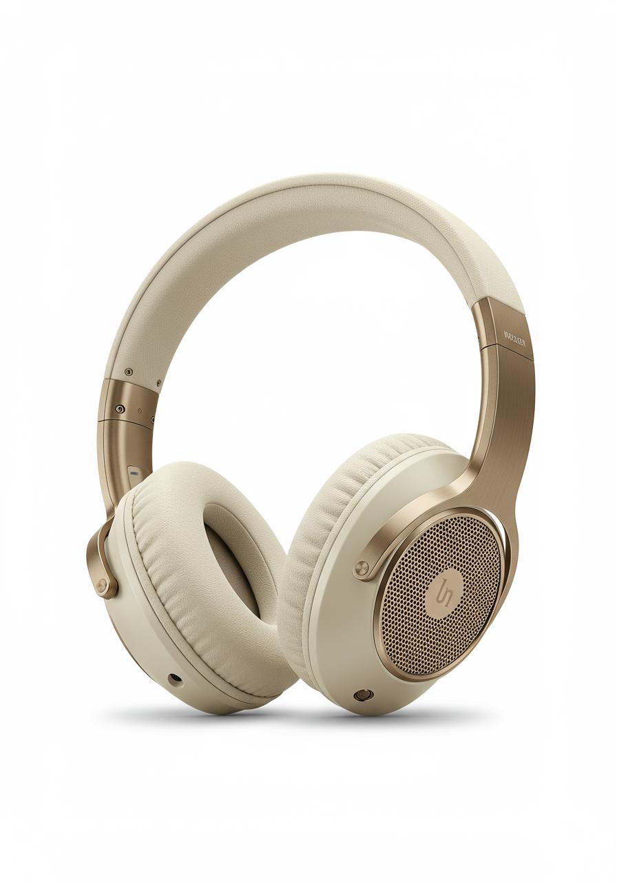 a photo of a high end designer over the ear headphones in cream and brushed dark gold against a white background, product photography