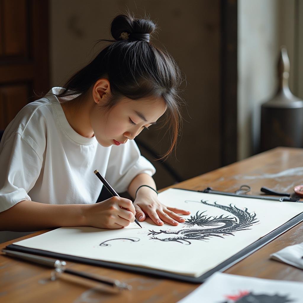 A modern Chinese student prepares to paint Kui Dragon on paper with traditional Chinese ink painting during a class