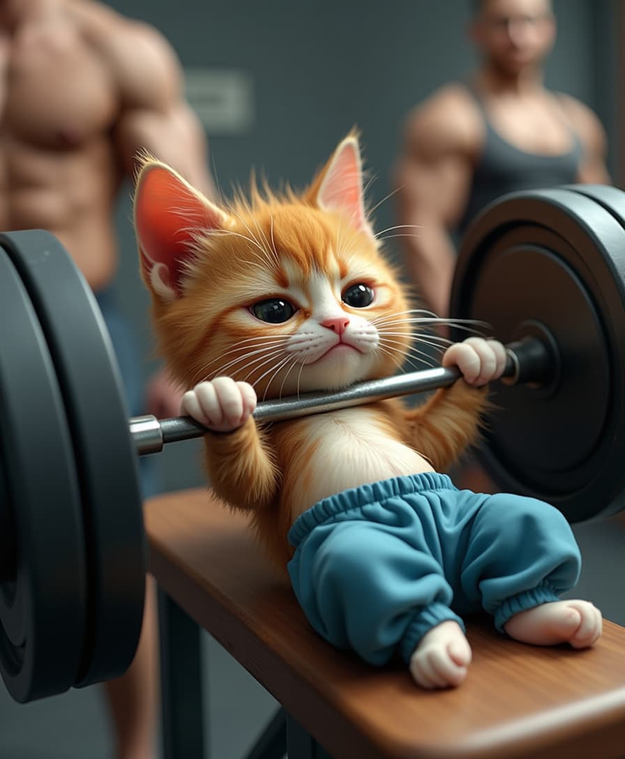 A small, skinny anthropomorphic cat with no muscles and a cute, innocent face, lying nervously on a gym bench, attempting to lift a lightweight barbell. The cat’s frail, thin body is evident as it struggles with the barbell. It is wearing loose blue pants that highlight its weak physique. Sweat drips from its forehead, and its face shows visible struggle and self-doubt. The gym features strong, confident individuals in the background, emphasizing the cat’s vulnerability.